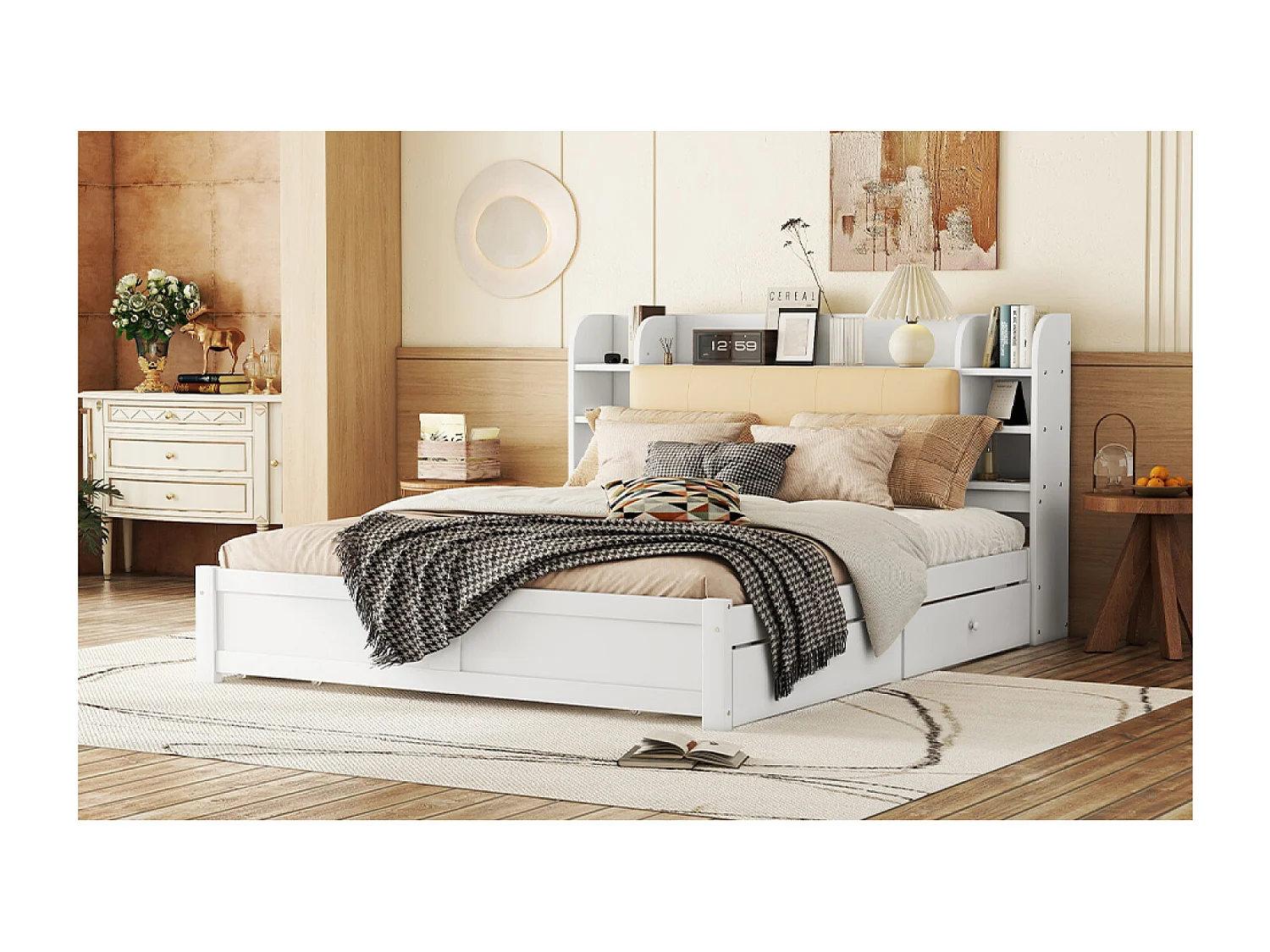 Cama de matrimonio 180 x 200 cm con 4 cajones y cabecero con almacenaje - Madera blanca