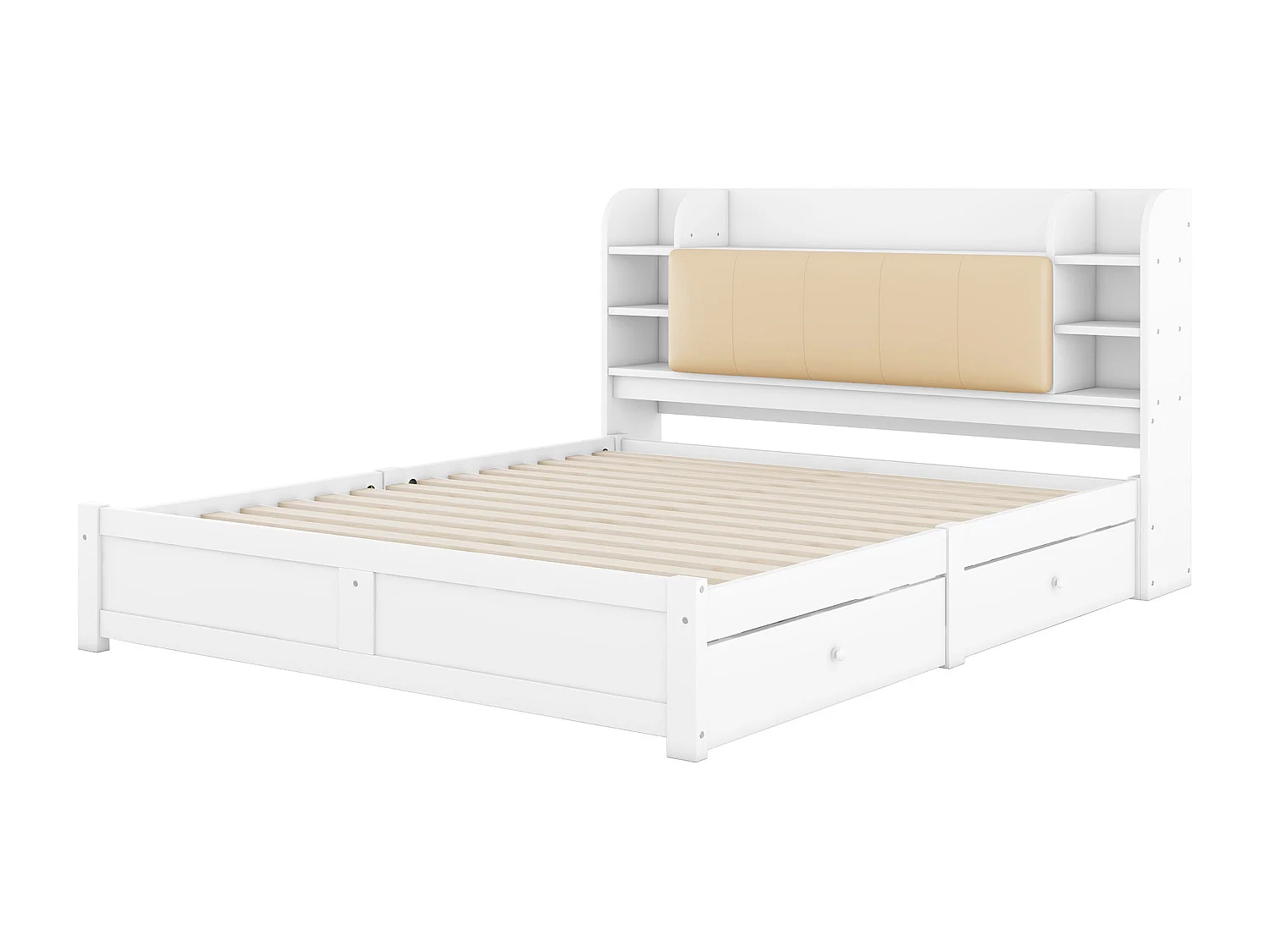 Cama de matrimonio 180 x 200 cm con 4 cajones y cabecero con almacenaje - Madera blanca