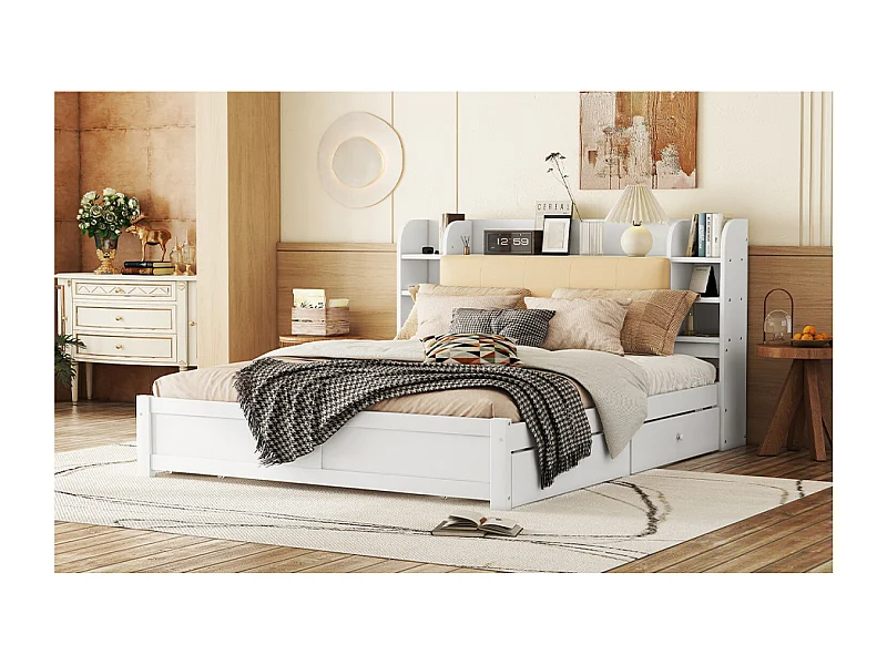 Cama de matrimonio 180 x 200 cm con 4 cajones y cabecero con almacenaje - Madera blanca