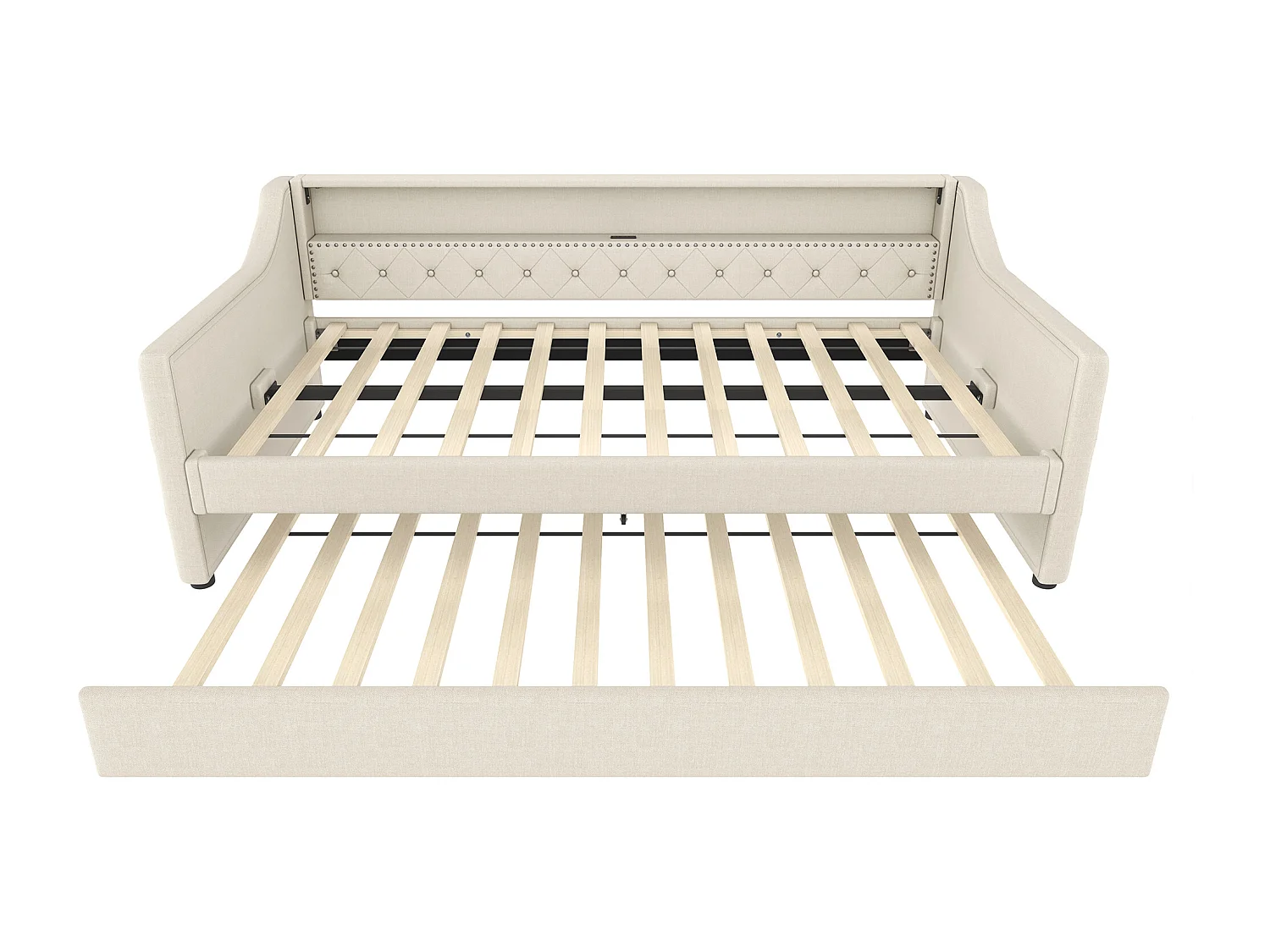 Lit banquette 90 x 200 cm avec lit gigogne 90 x 190 cm - LED et USB - Design à boutons - Tissu lin beige