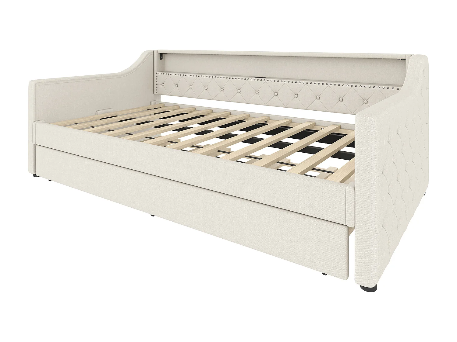 Lit banquette 90 x 200 cm avec lit gigogne 90 x 190 cm - LED et USB - Design à boutons - Tissu lin beige