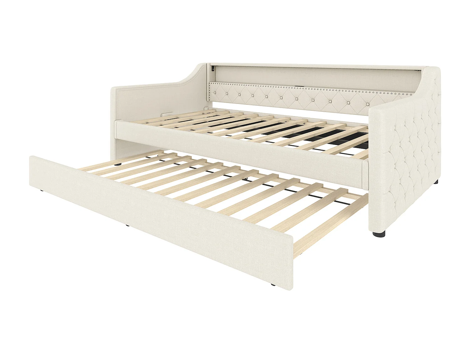 Lit banquette 90 x 200 cm avec lit gigogne 90 x 190 cm - LED et USB - Design à boutons - Tissu lin beige