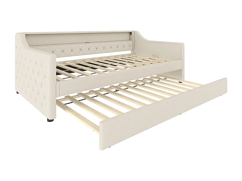 Lit banquette 90 x 200 cm avec lit gigogne 90 x 190 cm - LED et USB - Design à boutons - Tissu lin beige