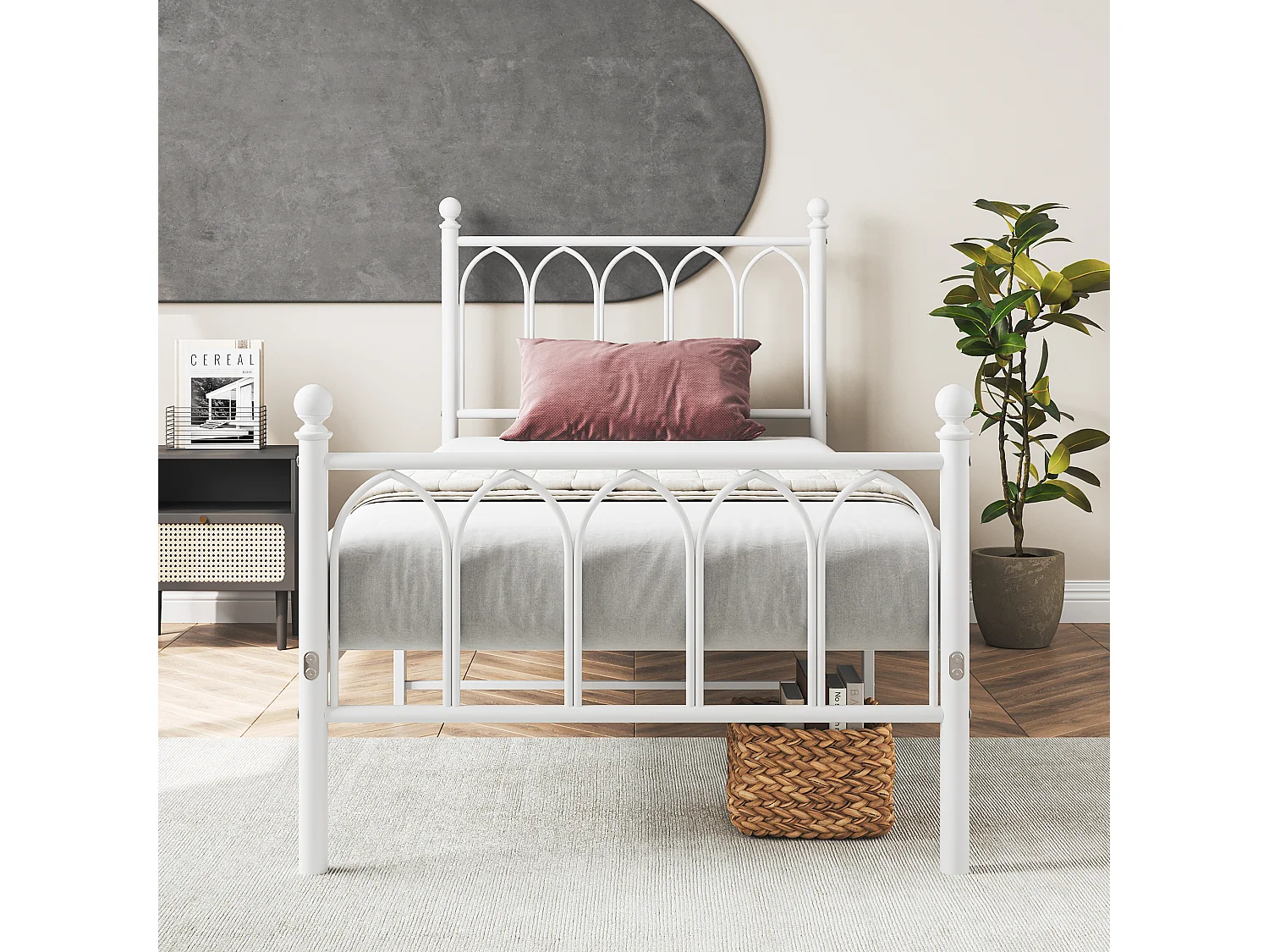 Cadre de lit en métal 90x200 cm - Lit simple avec tête de lit - Blanc