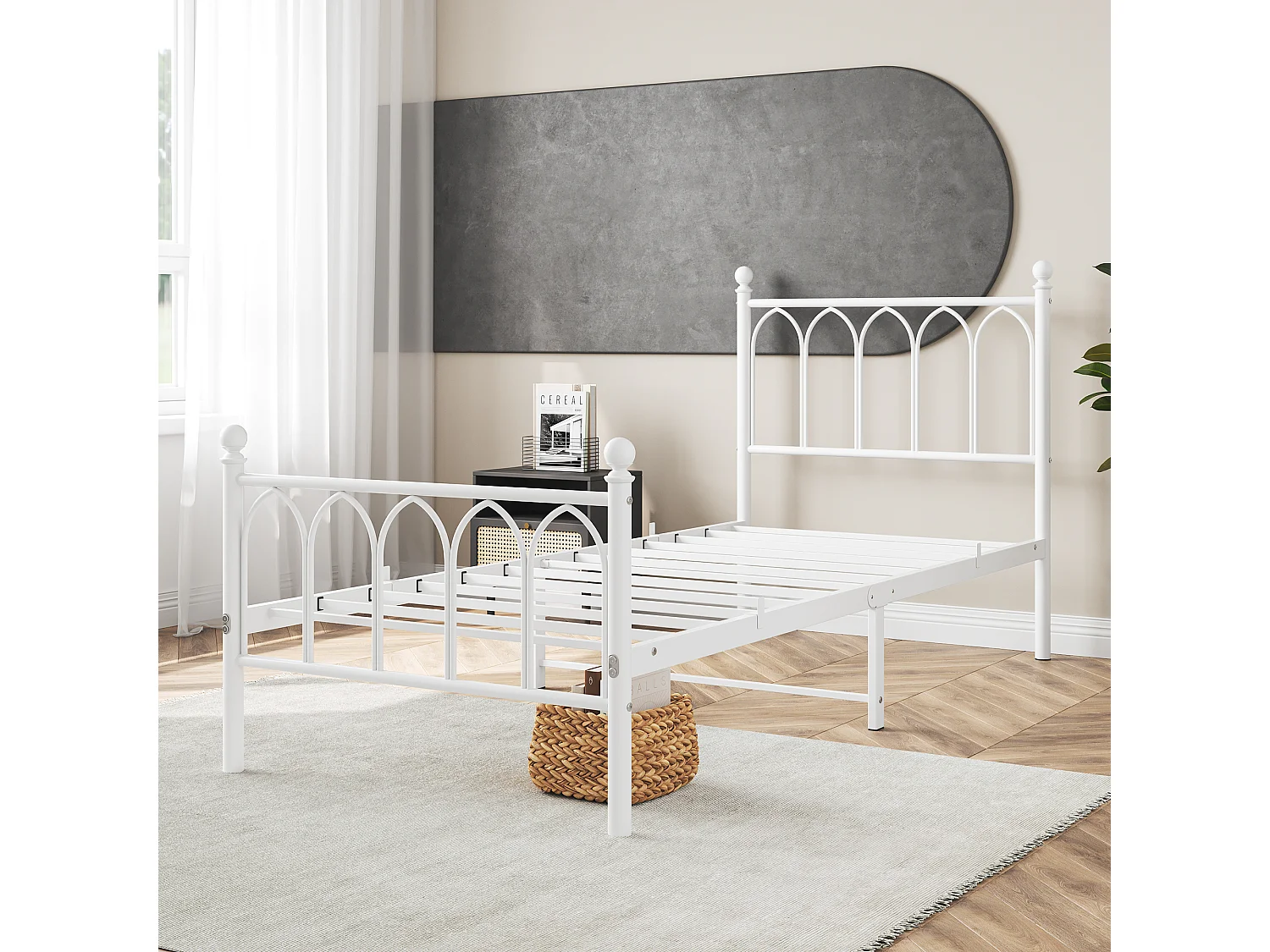 Cadre de lit en métal 90x200 cm - Lit simple avec tête de lit - Blanc