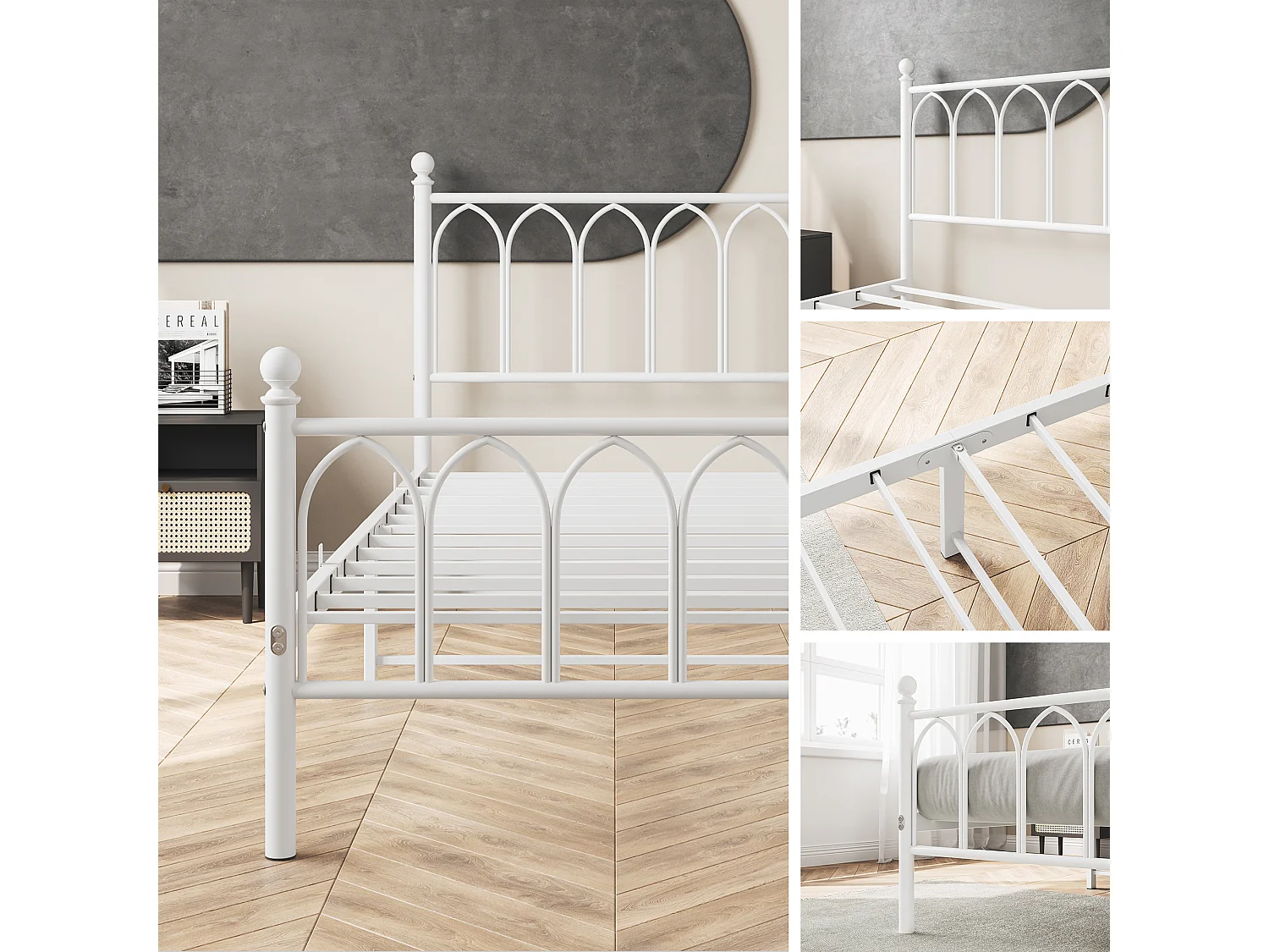 Cadre de lit en métal 90x200 cm - Lit simple avec tête de lit - Blanc