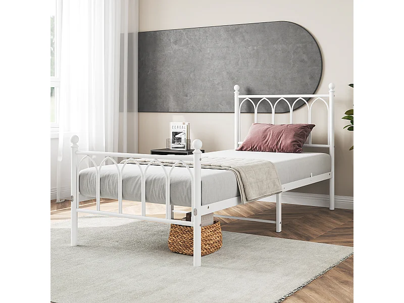 Cadre de lit en métal 90x200 cm - Lit simple avec tête de lit - Blanc