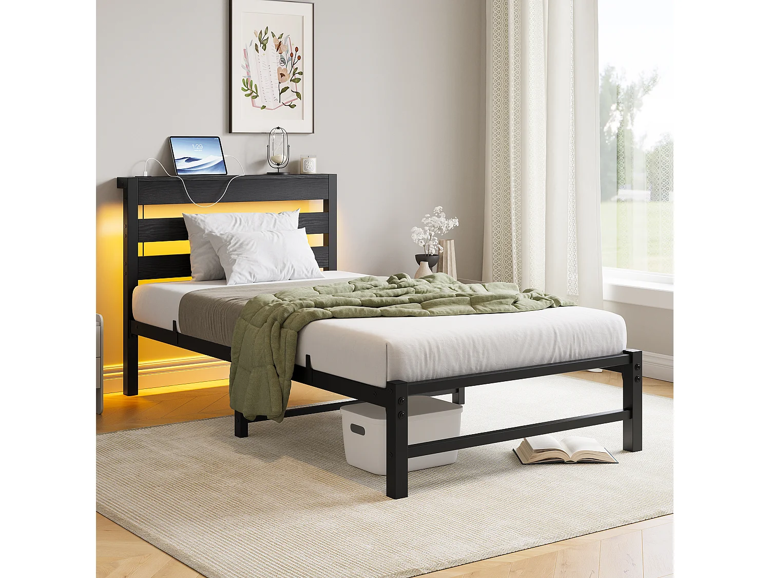 Lit simple 90x200cm avec LED et USB - Lit adulte en métal noir et bois (sans matelas)