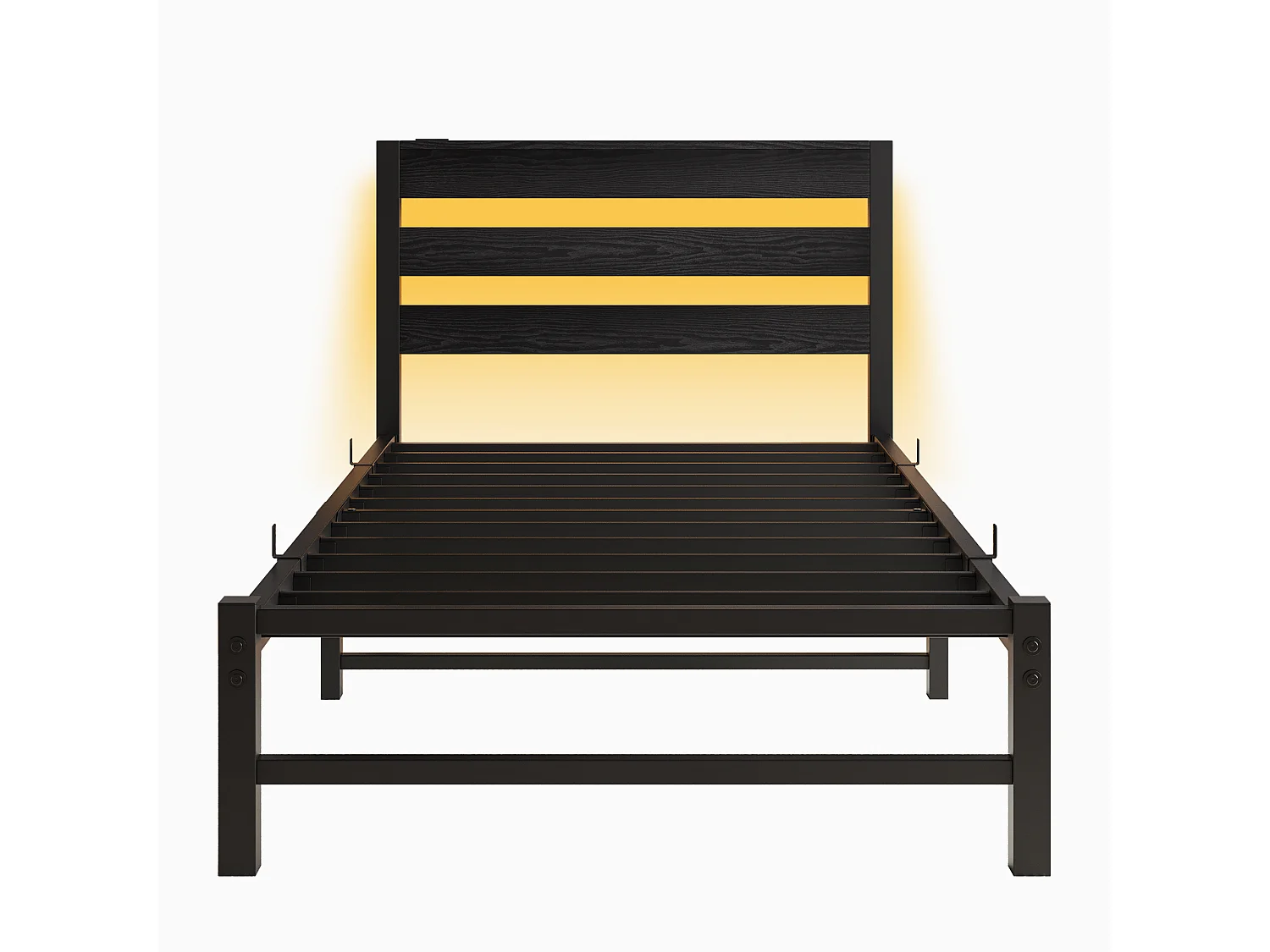 Lit simple 90x200cm avec LED et USB - Lit adulte en métal noir et bois (sans matelas)