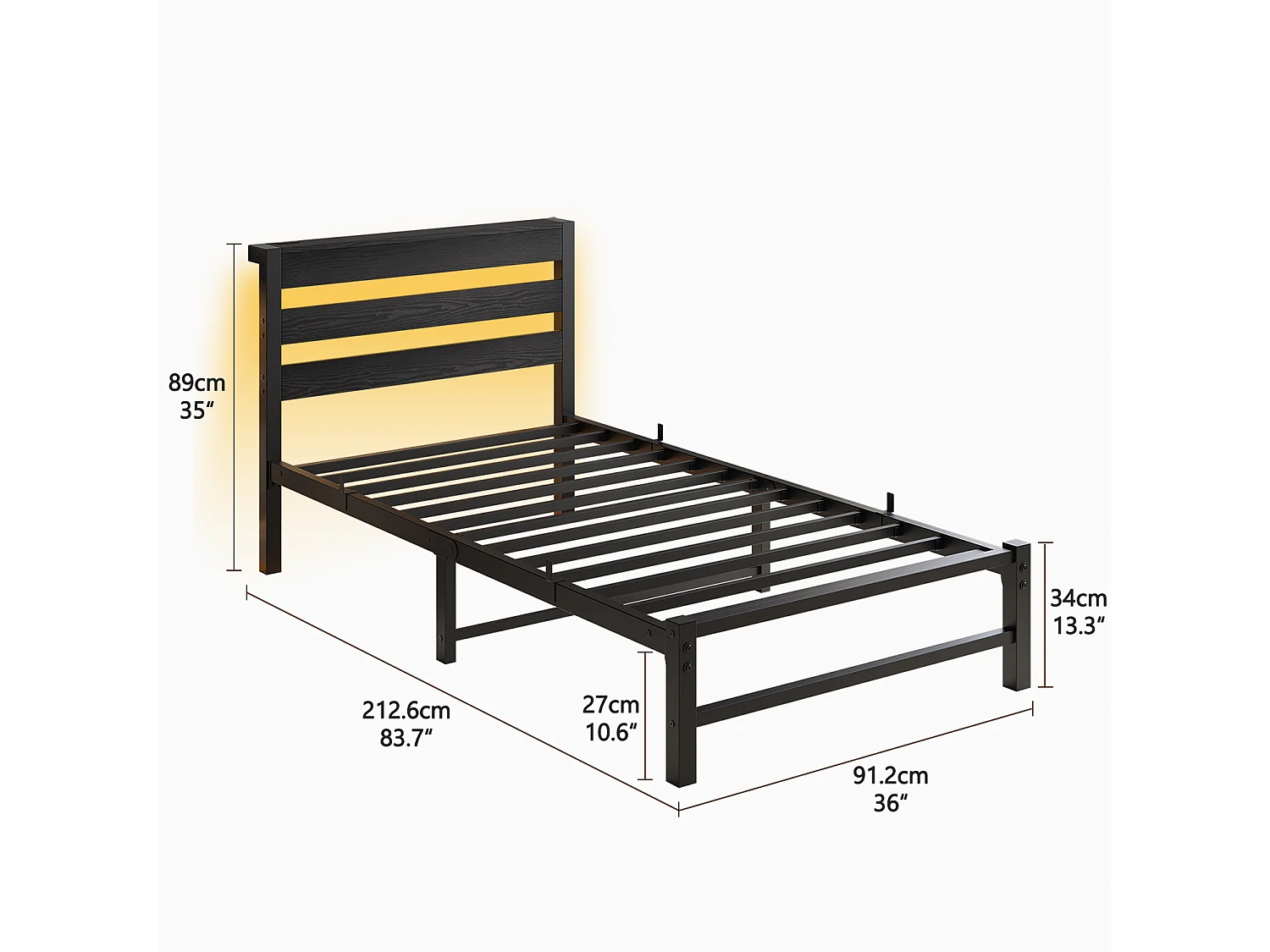 Lit simple 90x200cm avec LED et USB - Lit adulte en métal noir et bois (sans matelas)