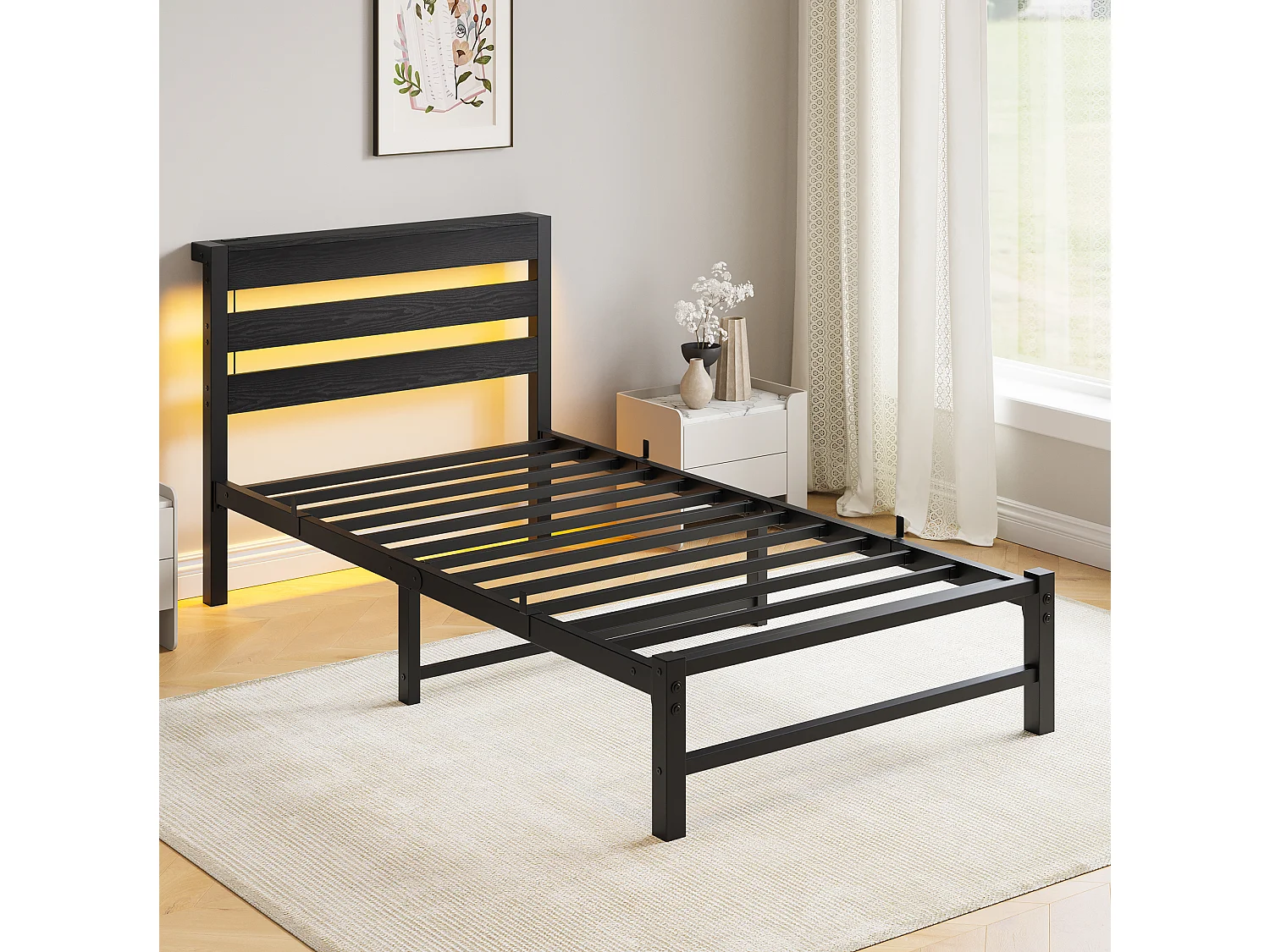 Lit simple 90x200cm avec LED et USB - Lit adulte en métal noir et bois (sans matelas)