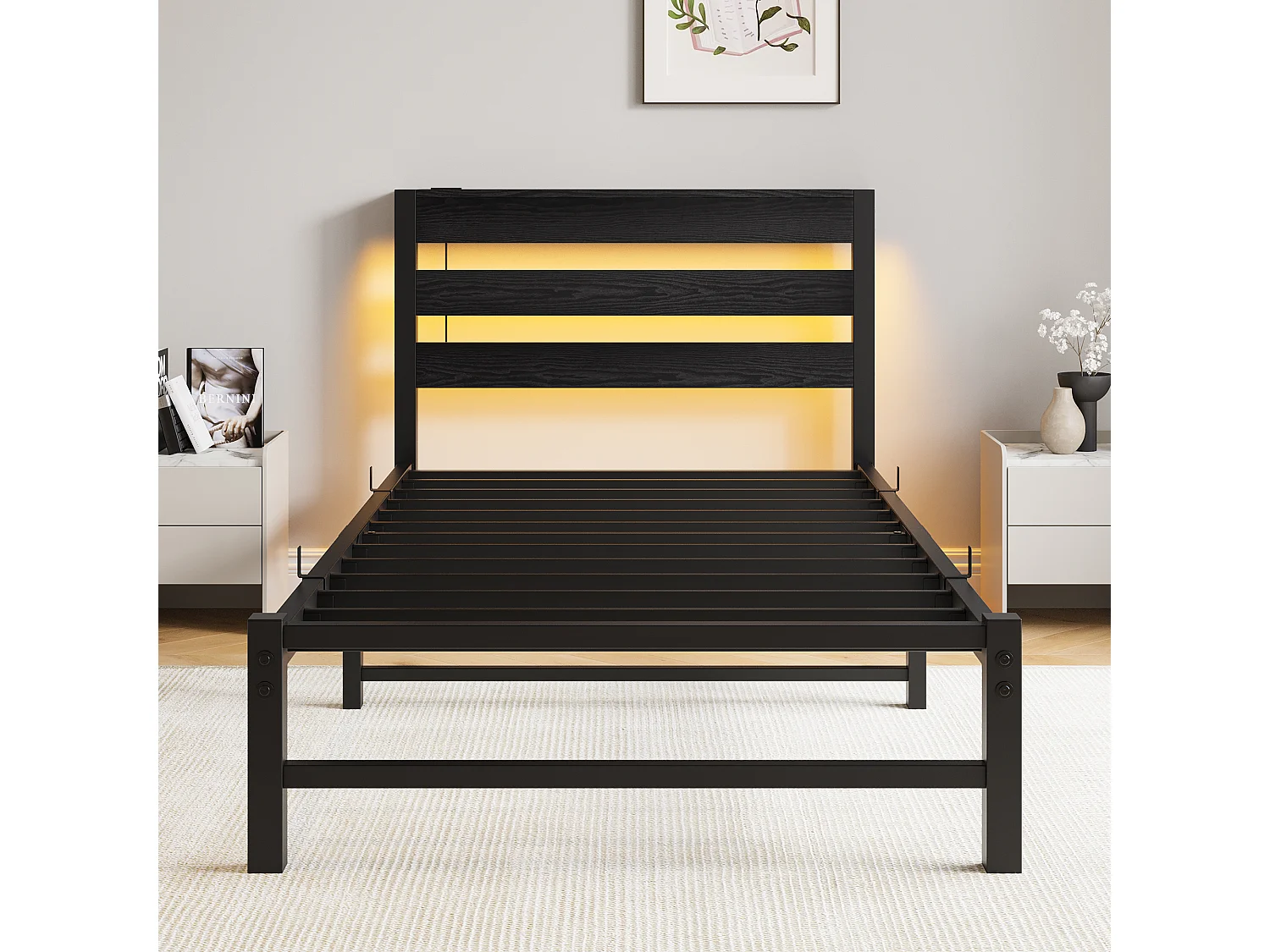 Lit simple 90x200cm avec LED et USB - Lit adulte en métal noir et bois (sans matelas)