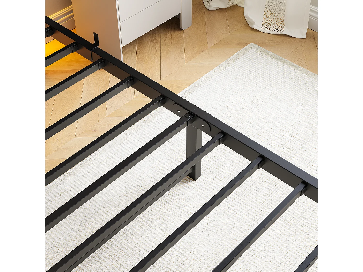 Lit simple 90x200cm avec LED et USB - Lit adulte en métal noir et bois (sans matelas)