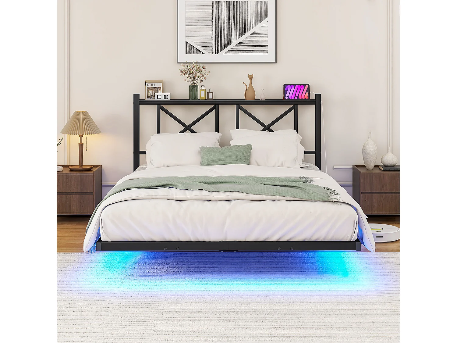 Lit adulte 120x200cm avec LED et station de recharge - Lit flottant en métal - Noir
