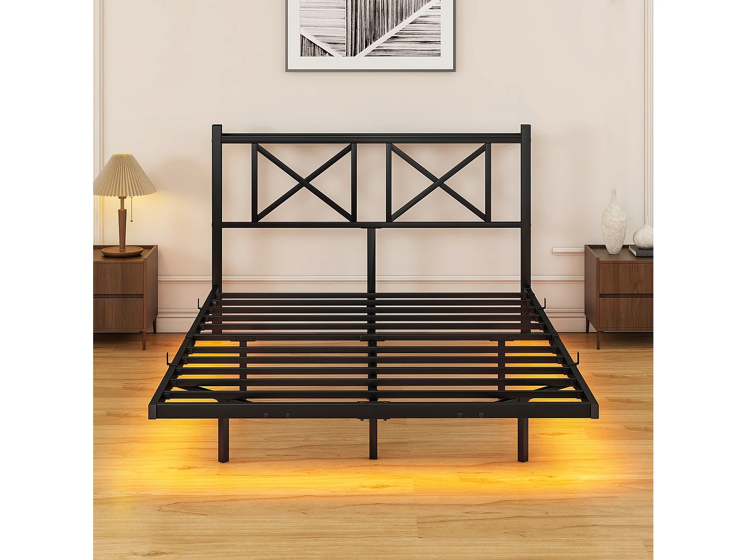 Lit adulte 120x200cm avec LED et station de recharge - Lit flottant en métal - Noir