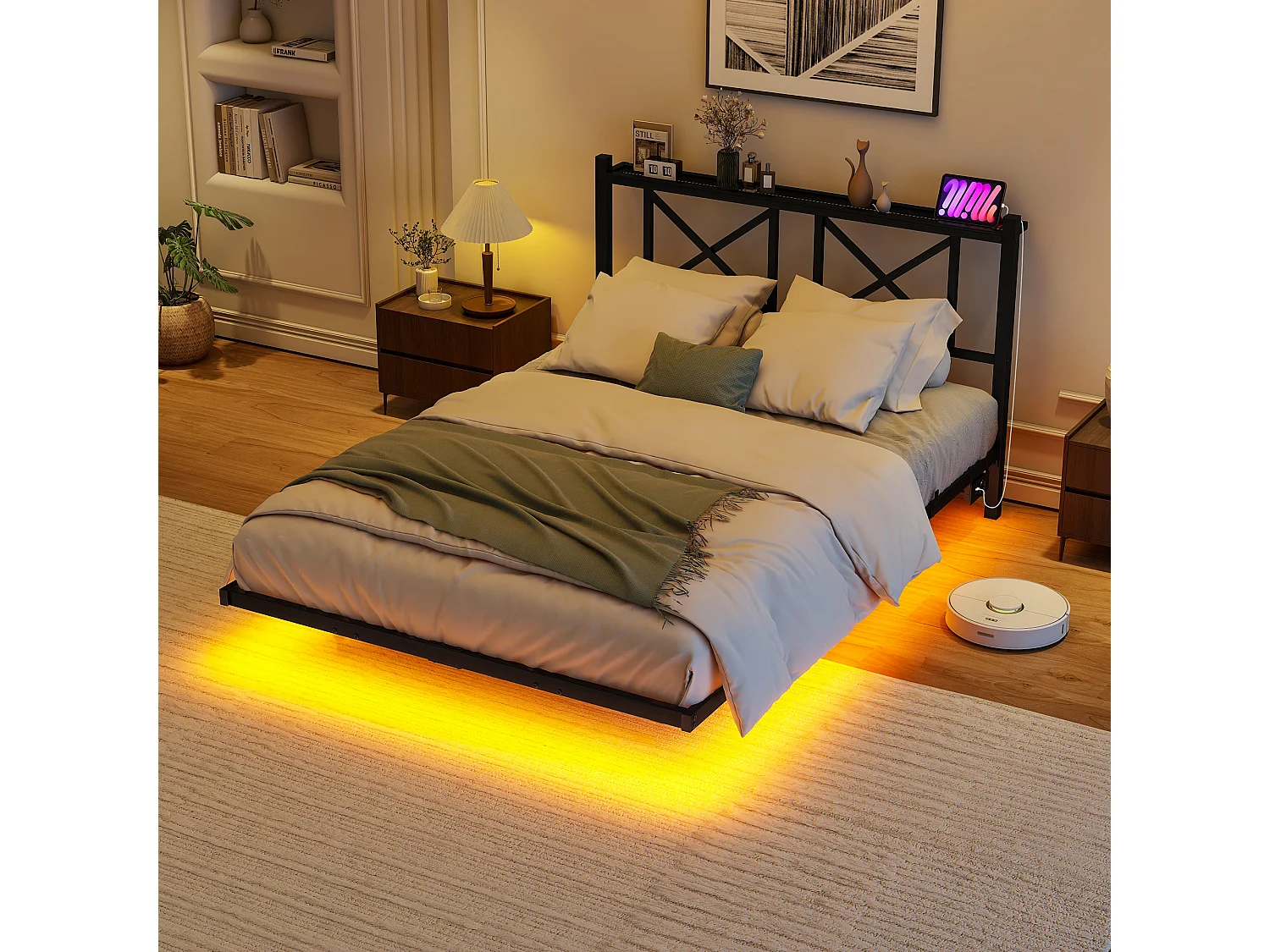 Lit adulte 120x200cm avec LED et station de recharge - Lit flottant en métal - Noir