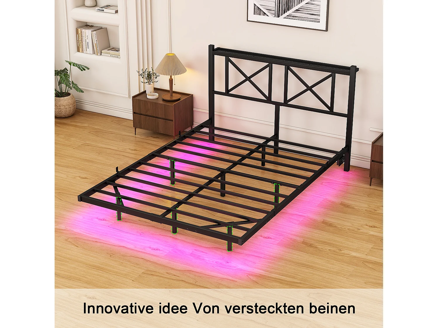 Lit adulte 120x200cm avec LED et station de recharge - Lit flottant en métal - Noir
