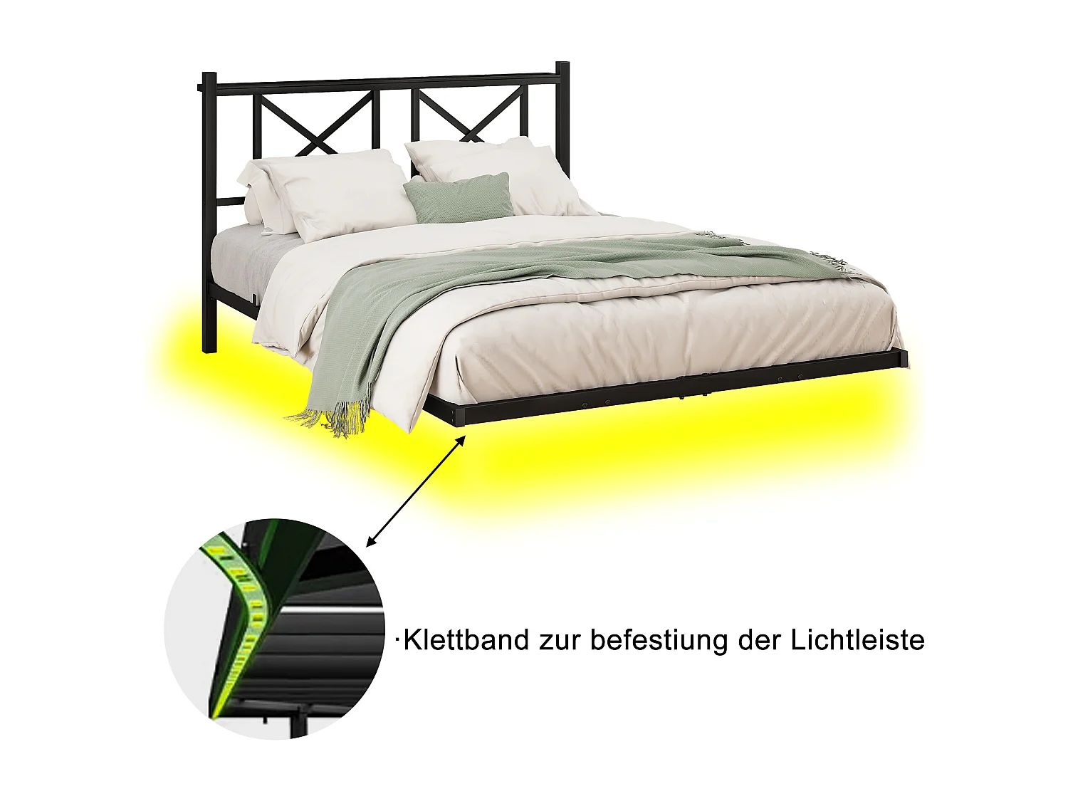 Lit adulte 120x200cm avec LED et station de recharge - Lit flottant en métal - Noir