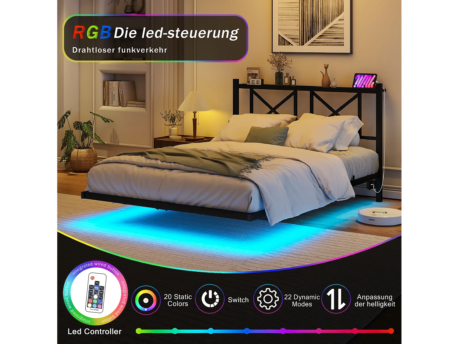 Lit adulte 120x200cm avec LED et station de recharge - Lit flottant en métal - Noir