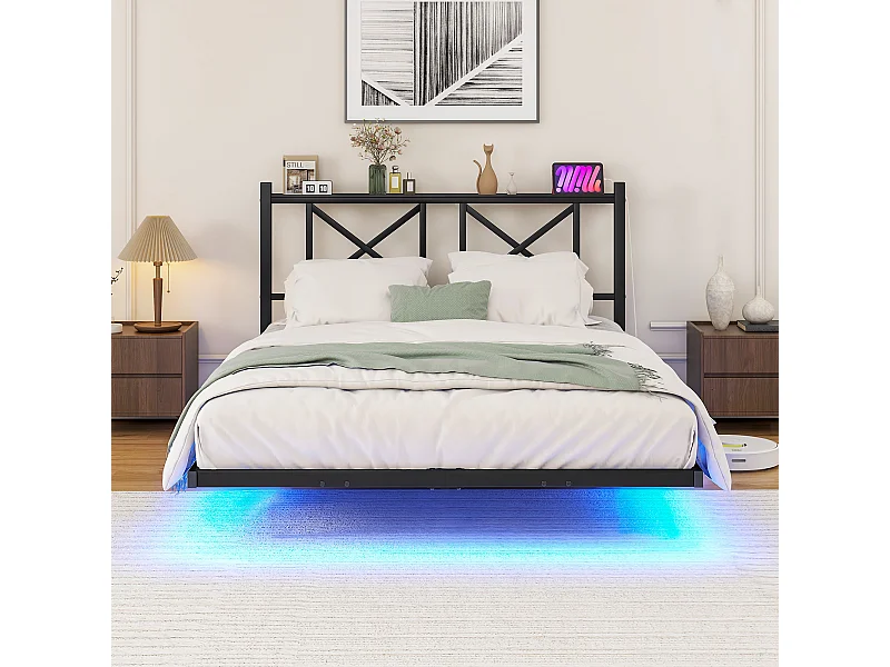 Lit adulte 120x200cm avec LED et station de recharge - Lit flottant en métal - Noir