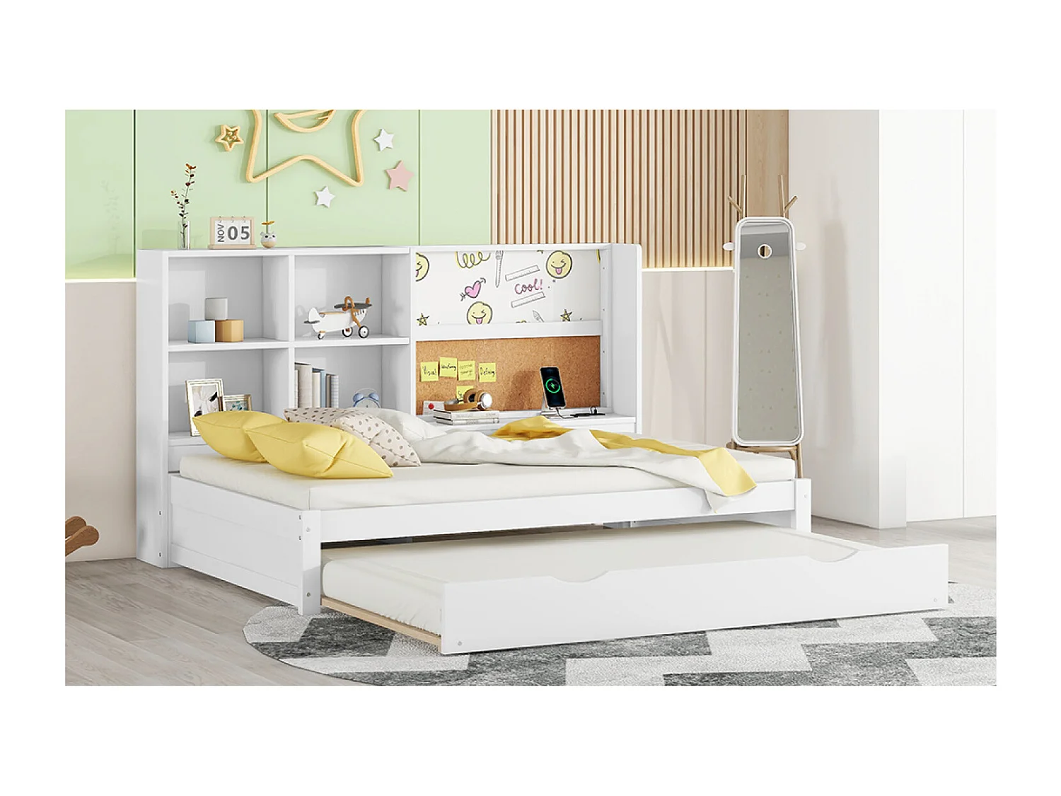 Lit banquette 90 x 200 cm avec lit gigogne - USB, tablette graphique et rangements - Bois blanc