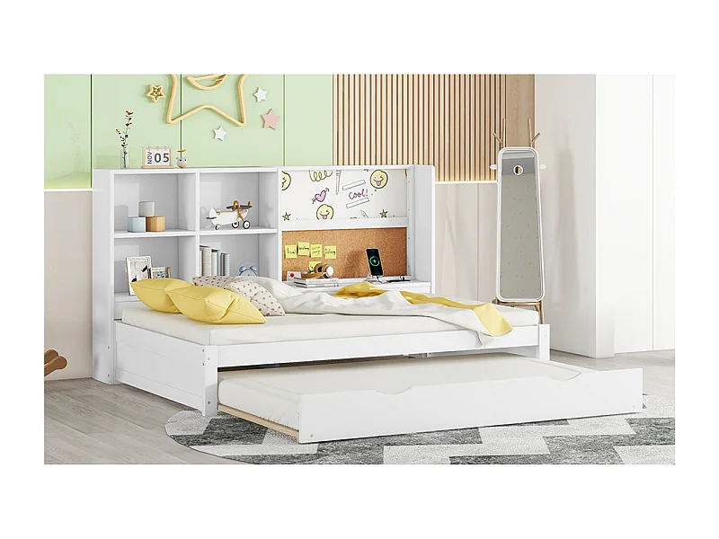 Lit banquette 90 x 200 cm avec lit gigogne - USB, tablette graphique et rangements - Bois blanc