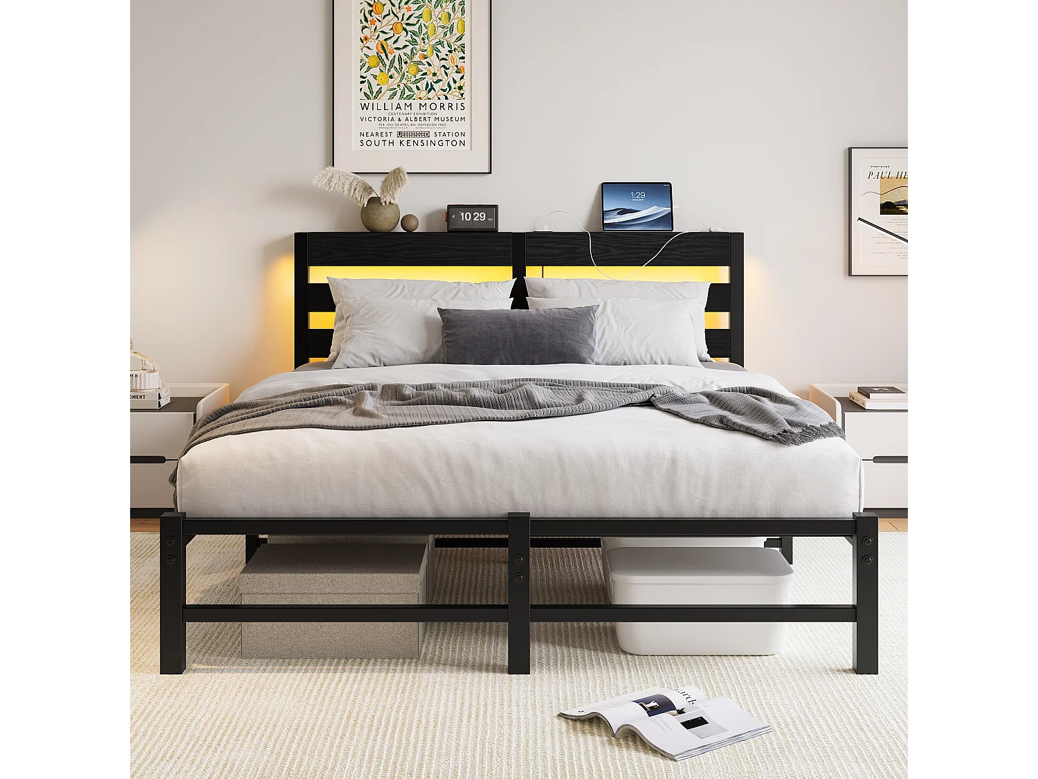 Lit double 140x190cm avec LED et USB - Lit adulte en métal noir et bois (sans matelas)