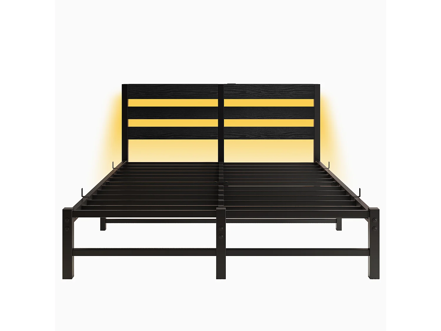 Lit double 140x190cm avec LED et USB - Lit adulte en métal noir et bois (sans matelas)