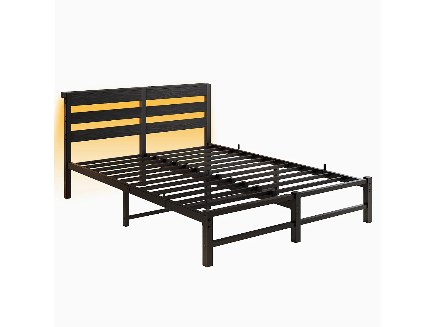 Lit double 140x190cm avec LED et USB - Lit adulte en métal noir et bois (sans matelas)