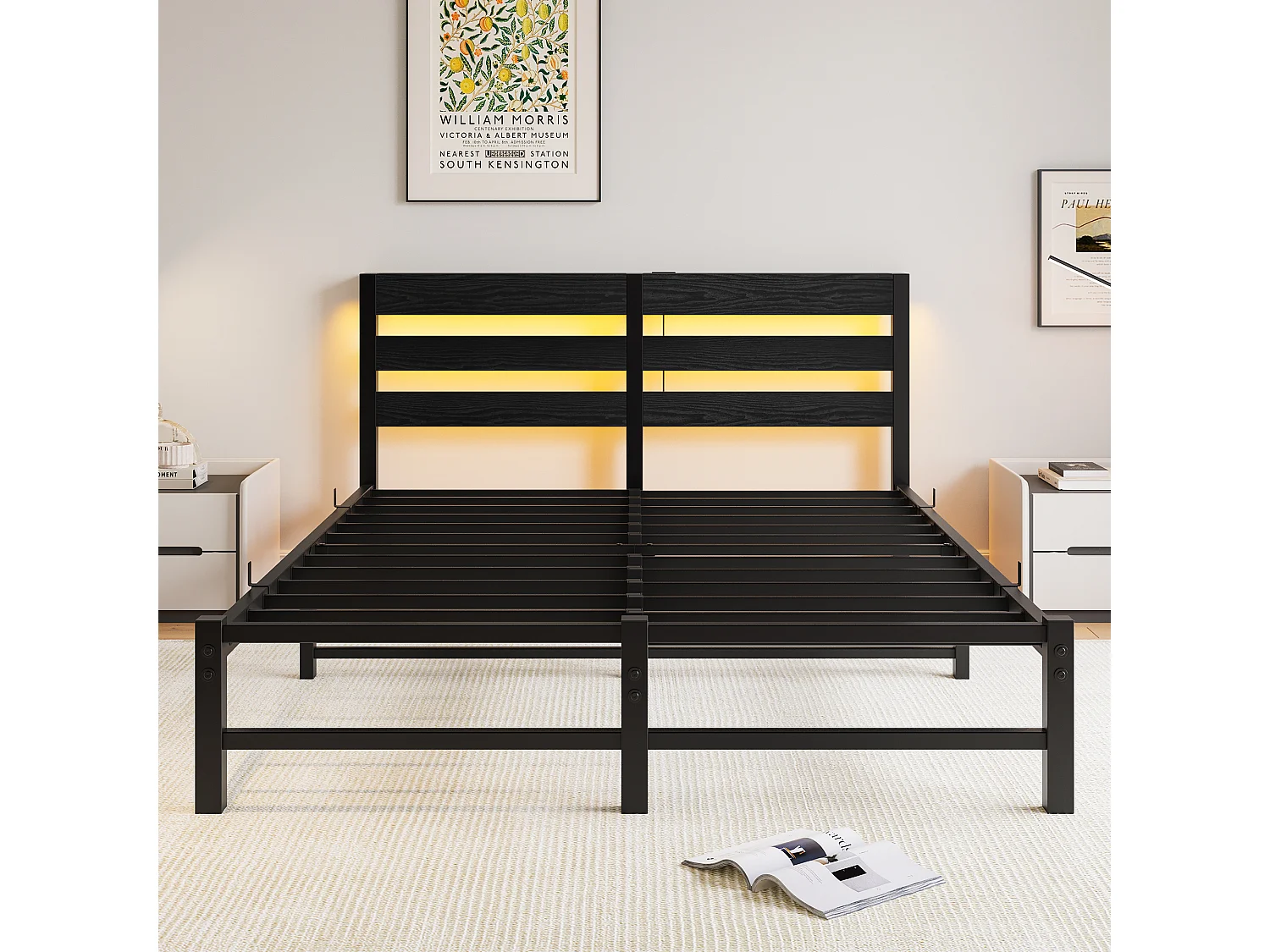 Lit double 140x190cm avec LED et USB - Lit adulte en métal noir et bois (sans matelas)