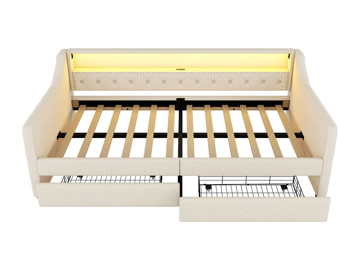 Lit banquette 90 x 200 cm avec LED, USB et 2 tiroirs - Tissu lin beige - sans matelas