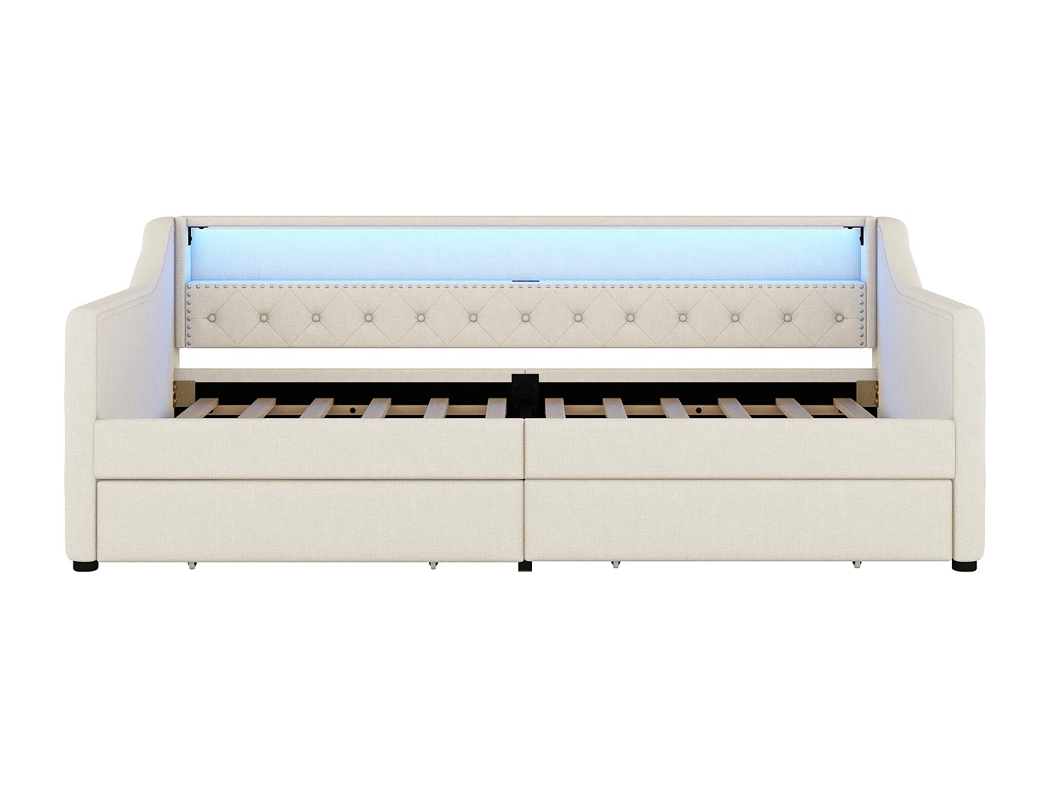 Lit banquette 90 x 200 cm avec LED, USB et 2 tiroirs - Tissu lin beige - sans matelas