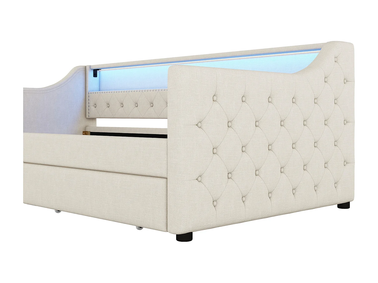 Lit banquette 90 x 200 cm avec LED, USB et 2 tiroirs - Tissu lin beige - sans matelas