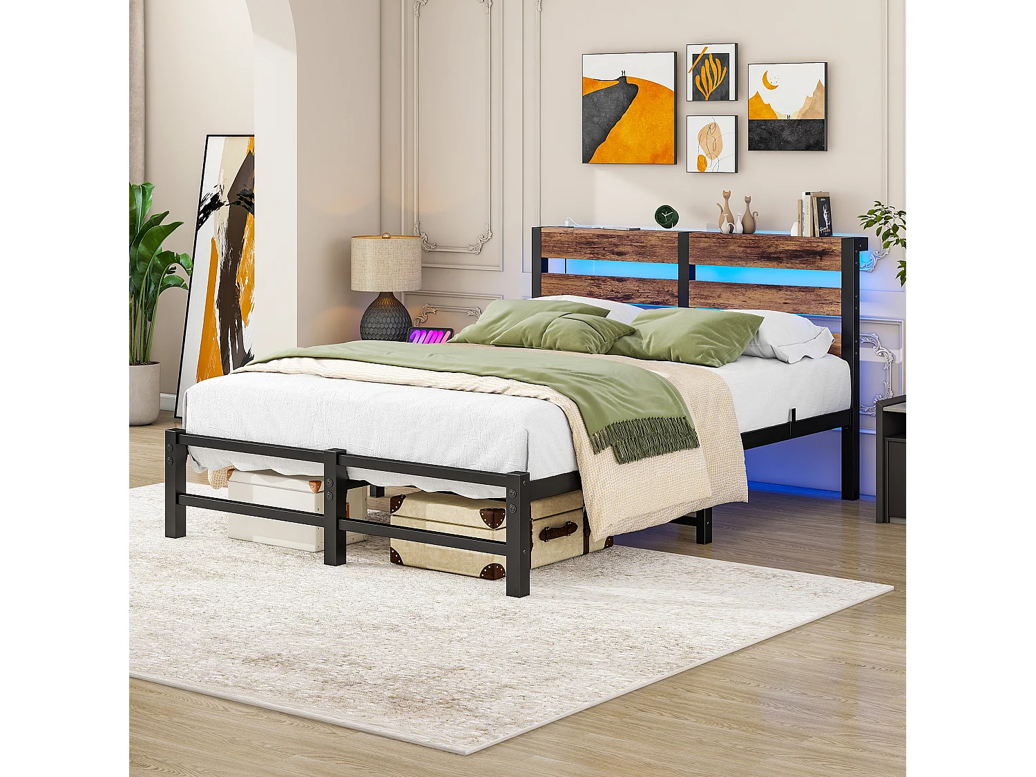 Lit simple 120x200cm avec LED et USB - Lit adulte en métal et bois- Couleur noir et bois (sans matelas)