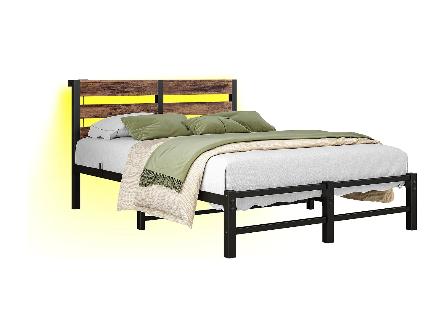 Lit simple 120x200cm avec LED et USB - Lit adulte en métal et bois- Couleur noir et bois (sans matelas)