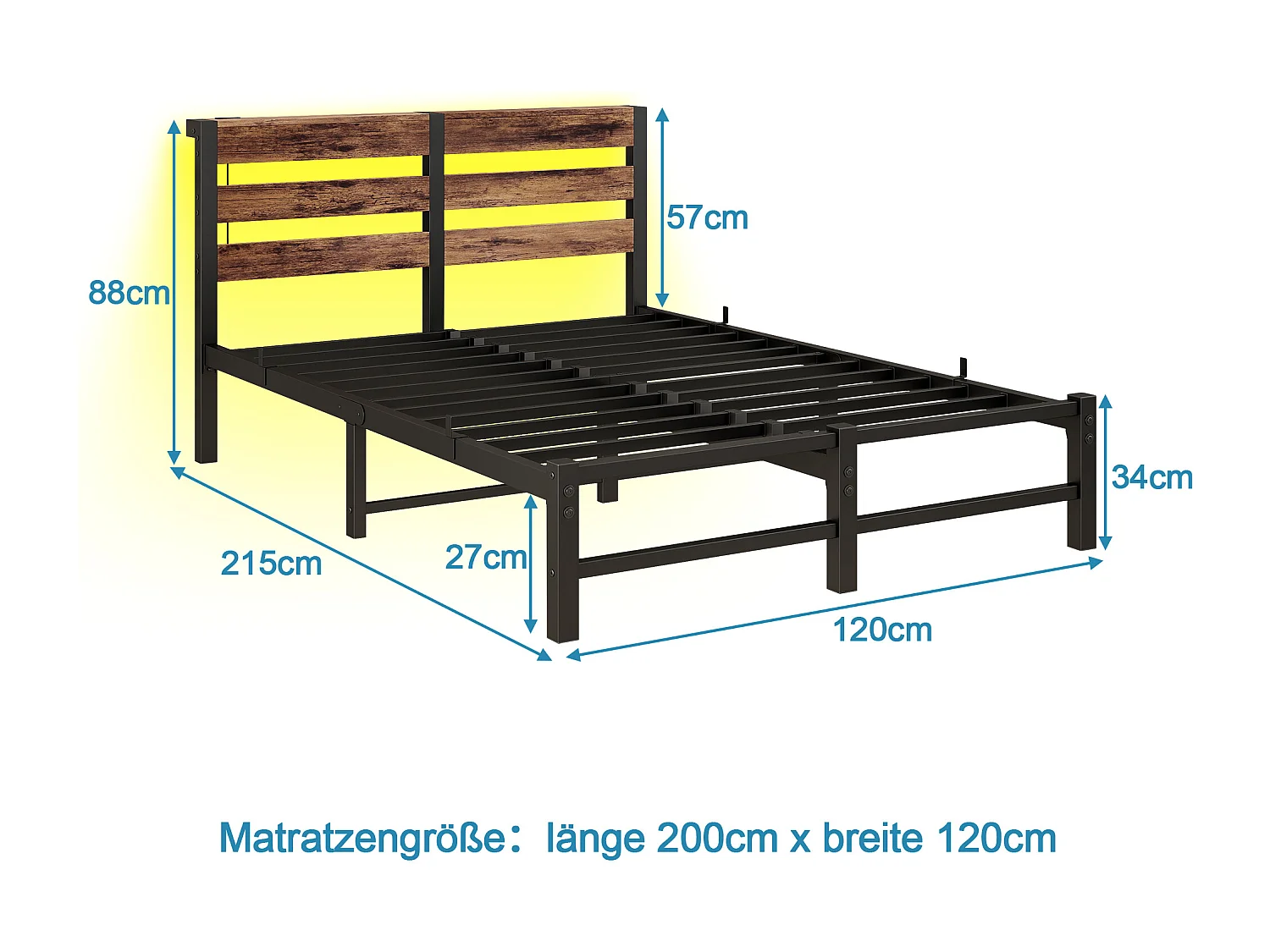 Lit simple 120x200cm avec LED et USB - Lit adulte en métal et bois- Couleur noir et bois (sans matelas)