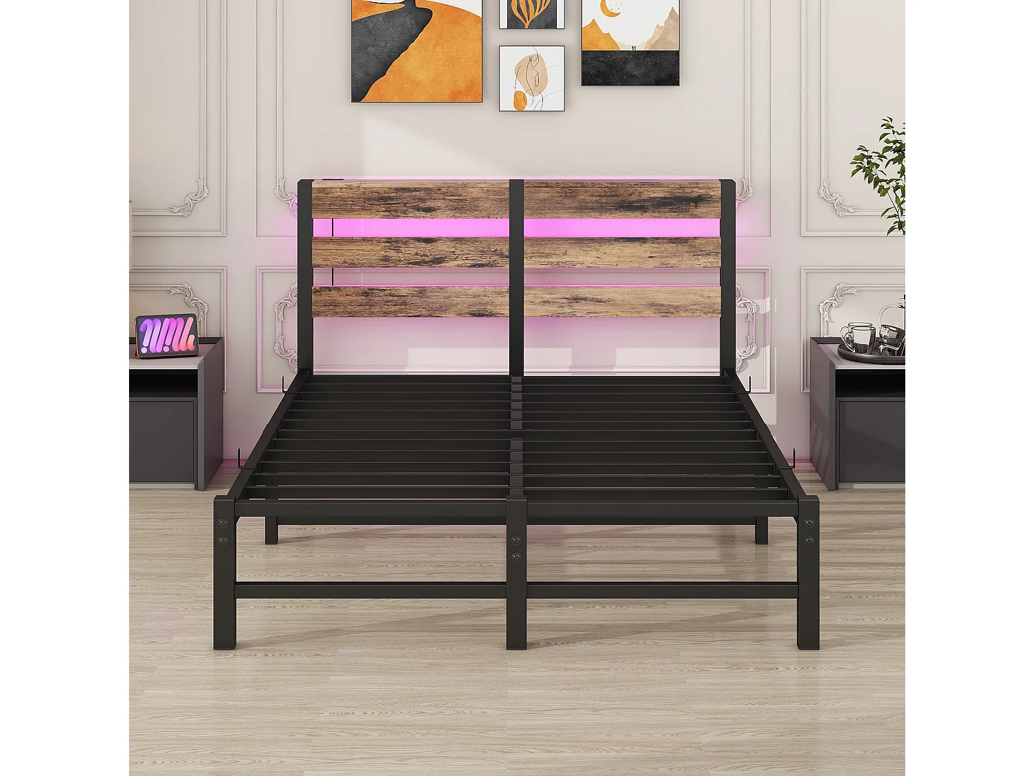Lit simple 120x200cm avec LED et USB - Lit adulte en métal et bois- Couleur noir et bois (sans matelas)