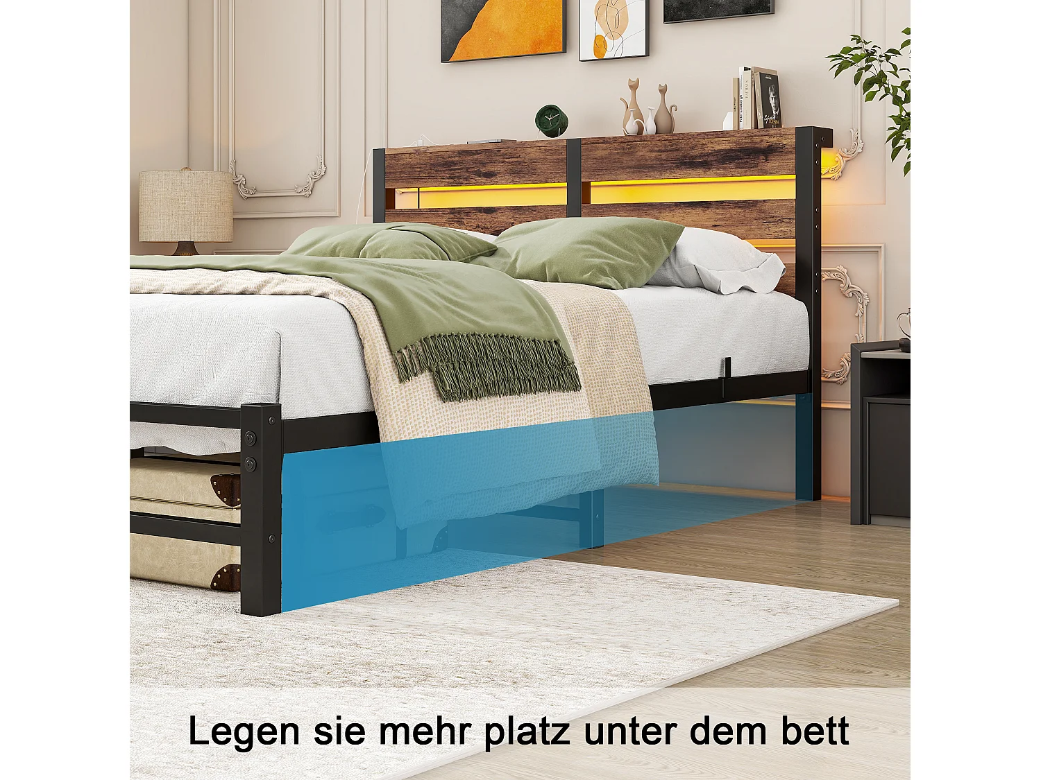Lit simple 120x200cm avec LED et USB - Lit adulte en métal et bois- Couleur noir et bois (sans matelas)