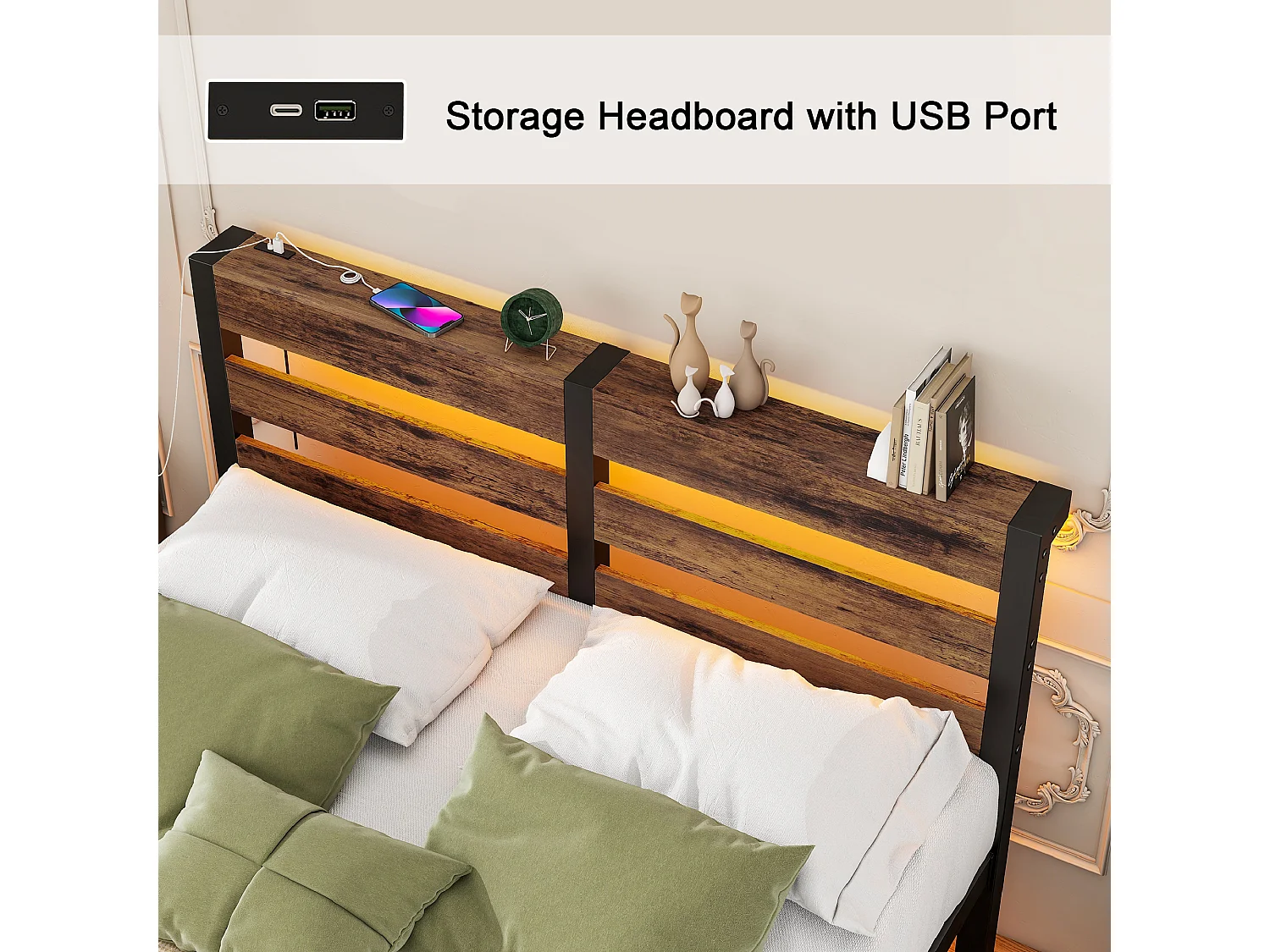 Lit simple 120x200cm avec LED et USB - Lit adulte en métal et bois- Couleur noir et bois (sans matelas)