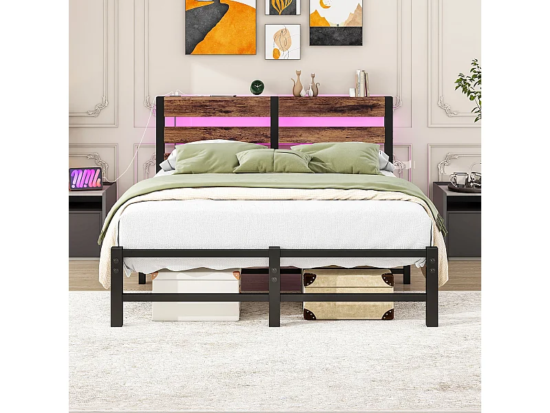 Lit simple 120x200cm avec LED et USB - Lit adulte en métal et bois- Couleur noir et bois (sans matelas)