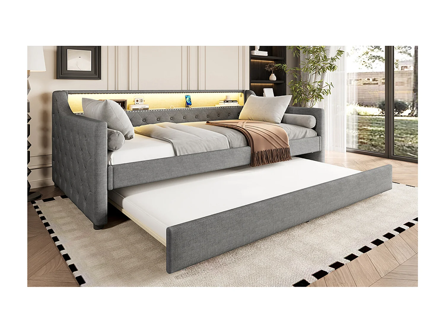 Lit banquette 90x200cm avec lit gigogne 90x190cm - LED et USB- Tissu lin gris（sans matelas)