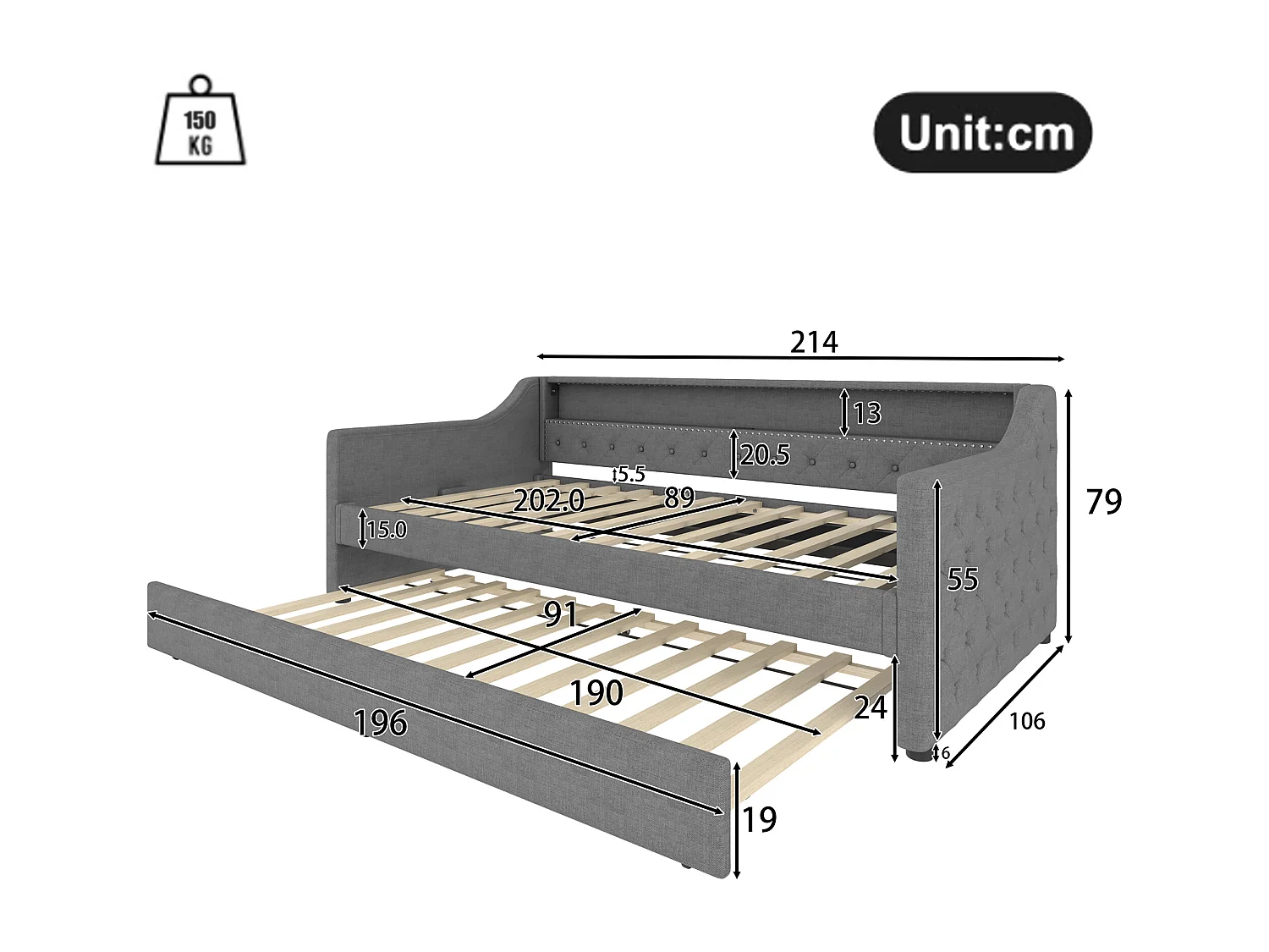 Lit banquette 90x200cm avec lit gigogne 90x190cm - LED et USB- Tissu lin gris（sans matelas)
