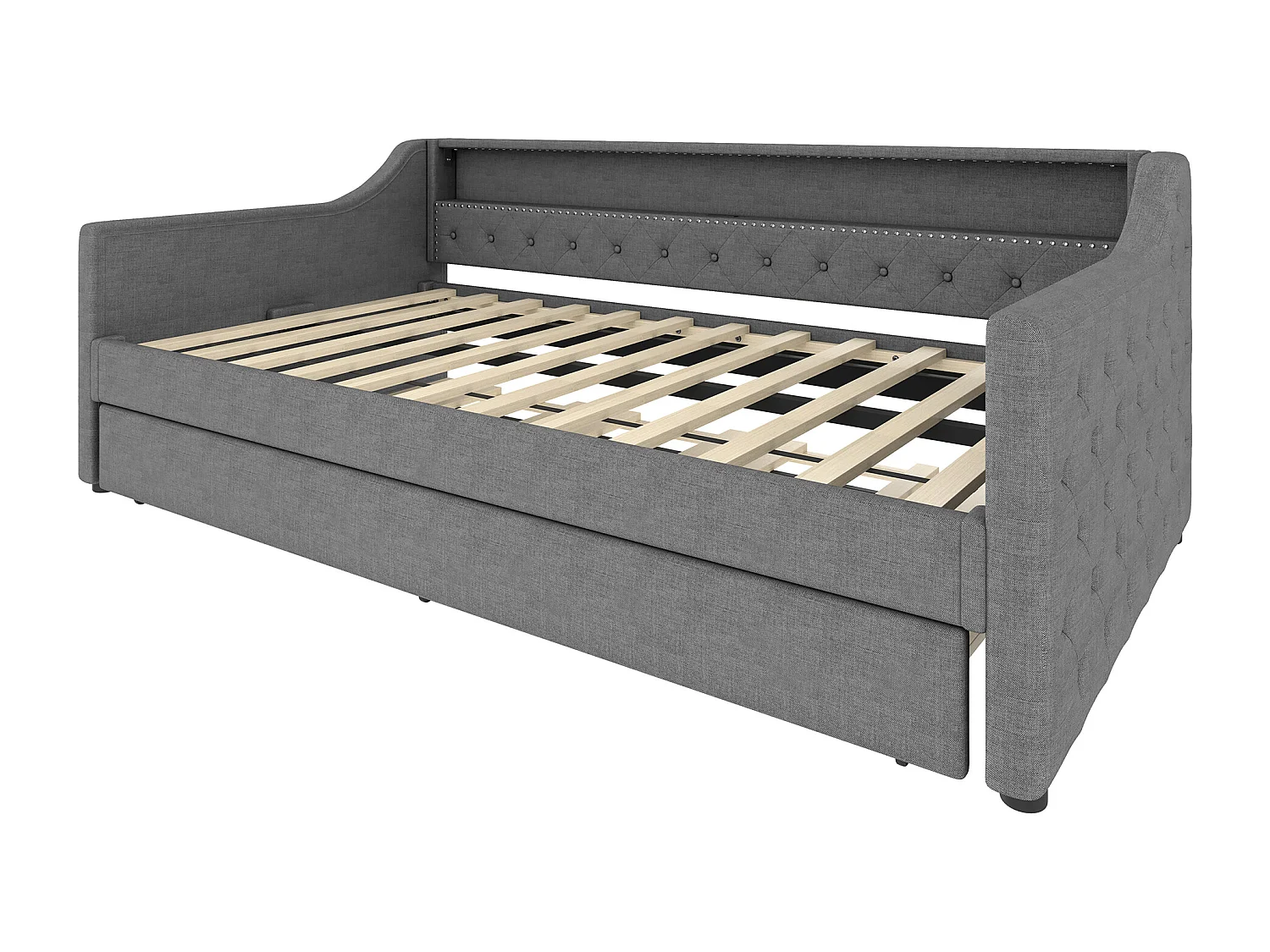 Lit banquette 90x200cm avec lit gigogne 90x190cm - LED et USB- Tissu lin gris（sans matelas)