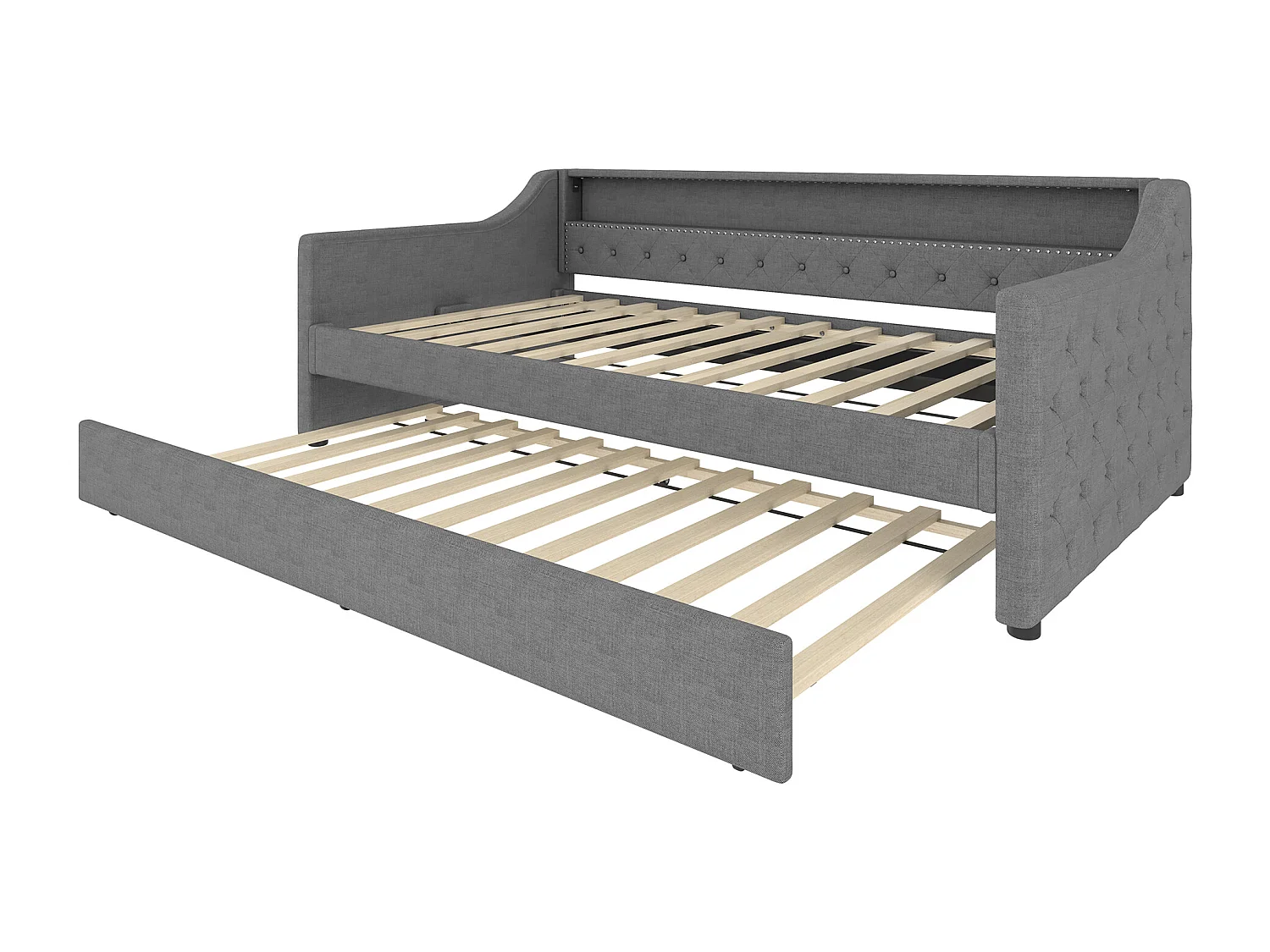 Lit banquette 90x200cm avec lit gigogne 90x190cm - LED et USB- Tissu lin gris（sans matelas)