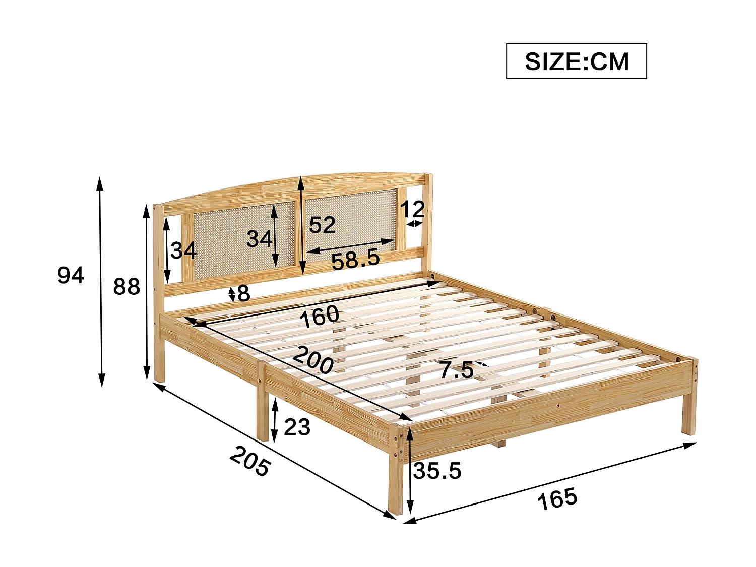 Lit double 160x200cm avec tête de lit en rotin - Lit enfant / adulte en bois pin - Couleur naturel