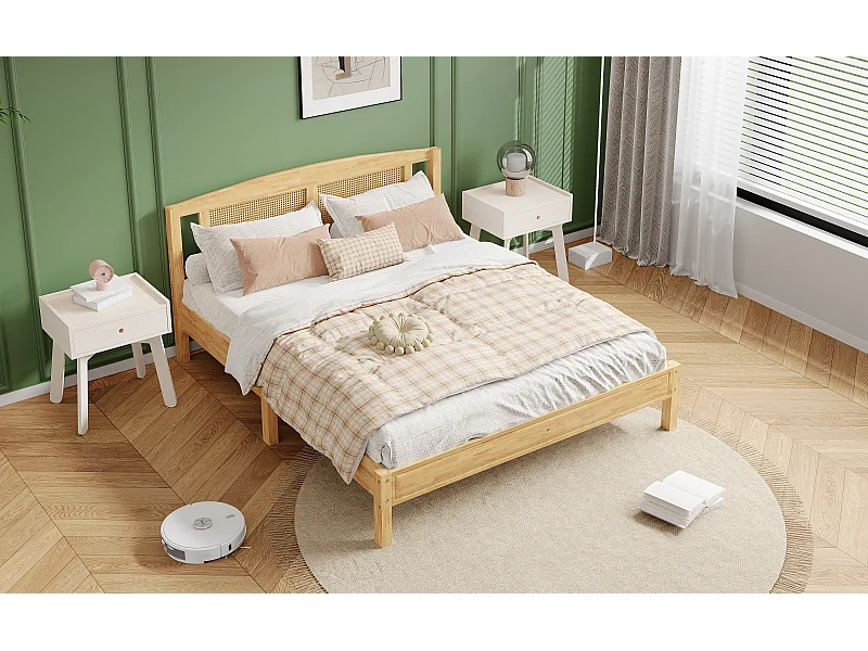 Lit double 160x200cm avec tête de lit en rotin - Lit enfant / adulte en bois pin - Couleur naturel