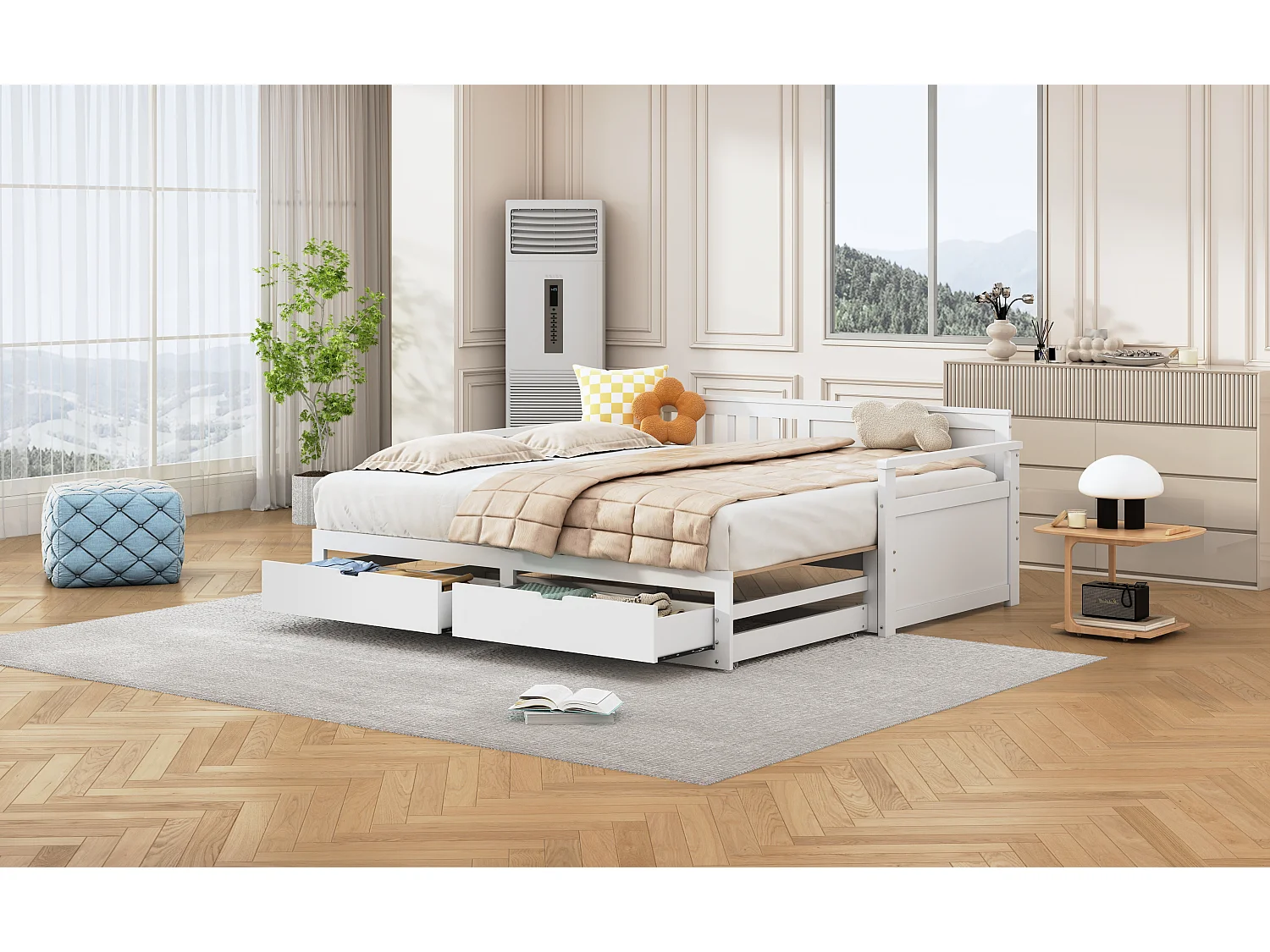 Lit banquette 90 (180) x 190cm avec 2 tiroirs - Multifonctionnel 2 en 1 en bois - Blanc