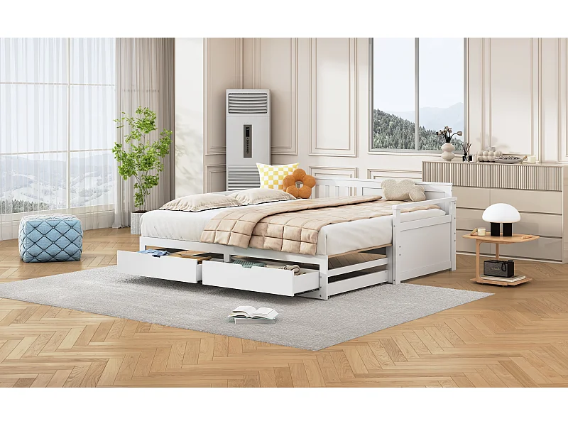 Lit banquette 90 (180) x 190cm avec 2 tiroirs - Multifonctionnel 2 en 1 en bois - Blanc