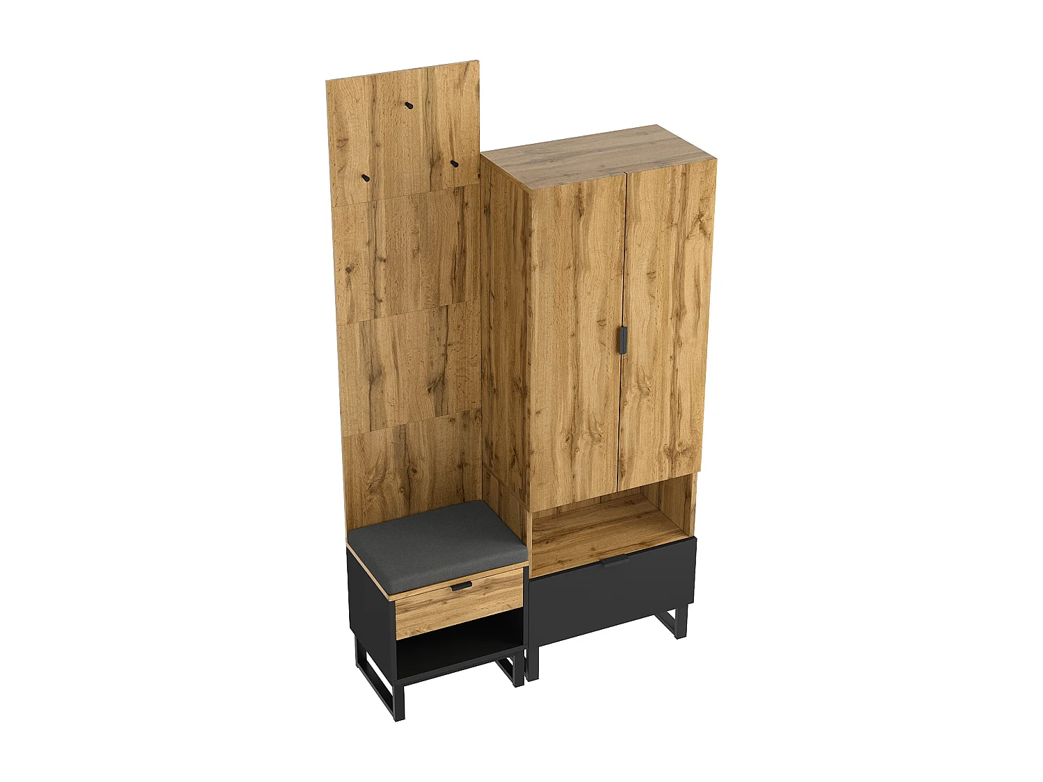 Conjunto de mueble de entrada con 2 cajones, armario y banco - Color madera y negro