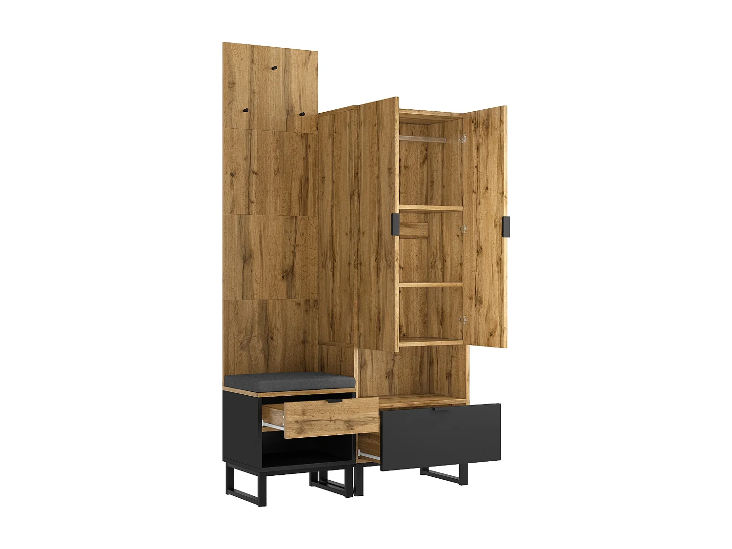 Conjunto de mueble de entrada con 2 cajones, armario y banco - Color madera y negro
